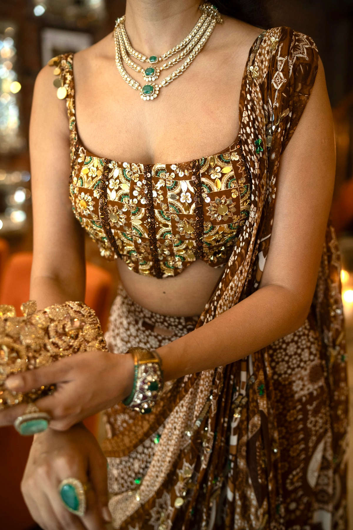 Caramel Print And Highlighted Corset Blouse Saree Set