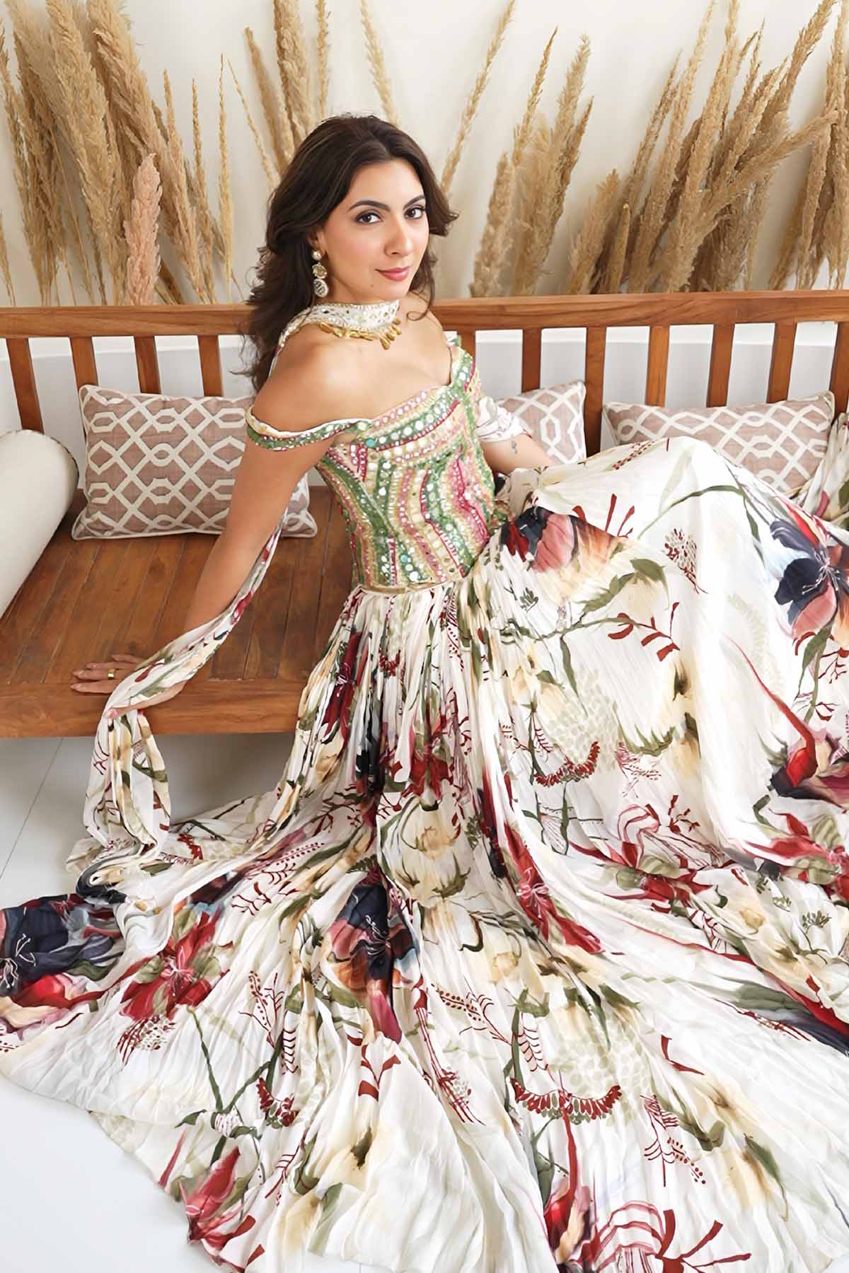 Nikki Mehra In Ivory Floral Printed Lehenga Set