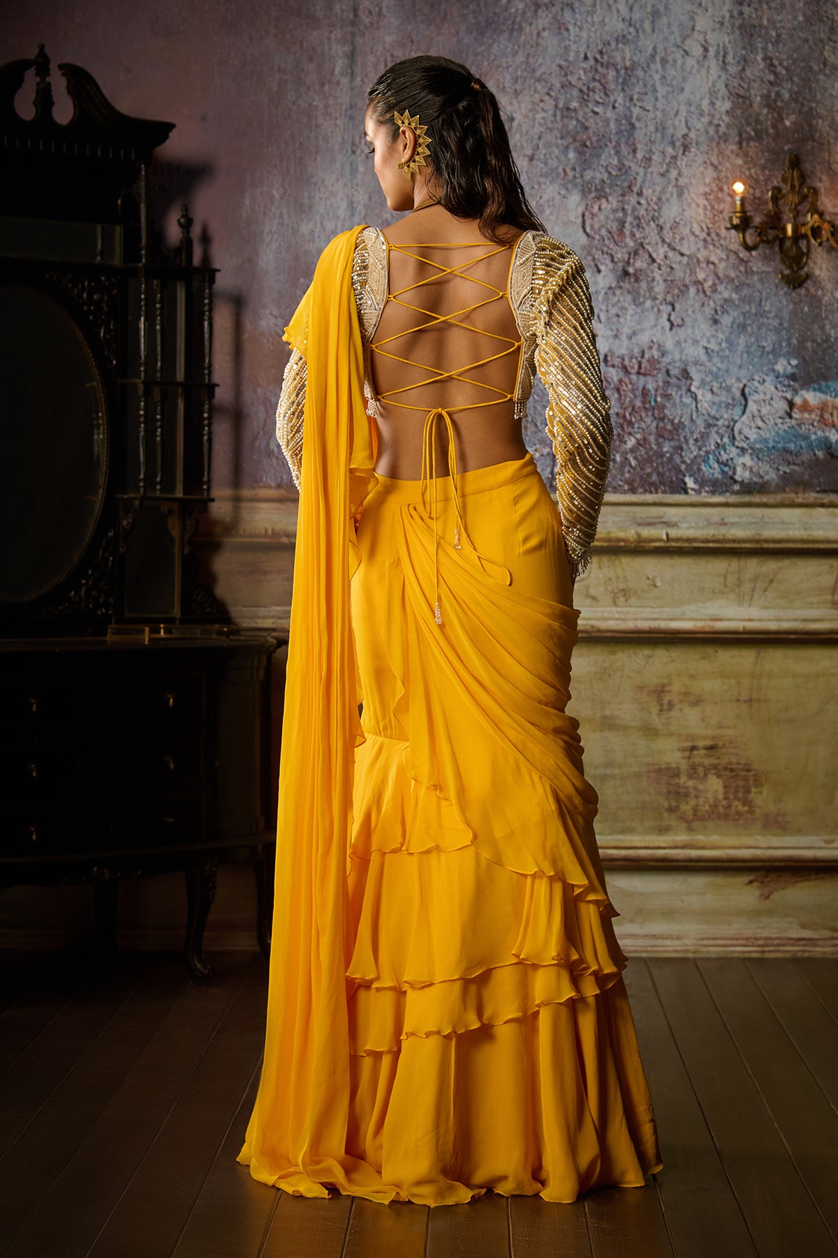 YELLOW EMBROIDERED BLOUSE AND RUFFLE SAREE SET