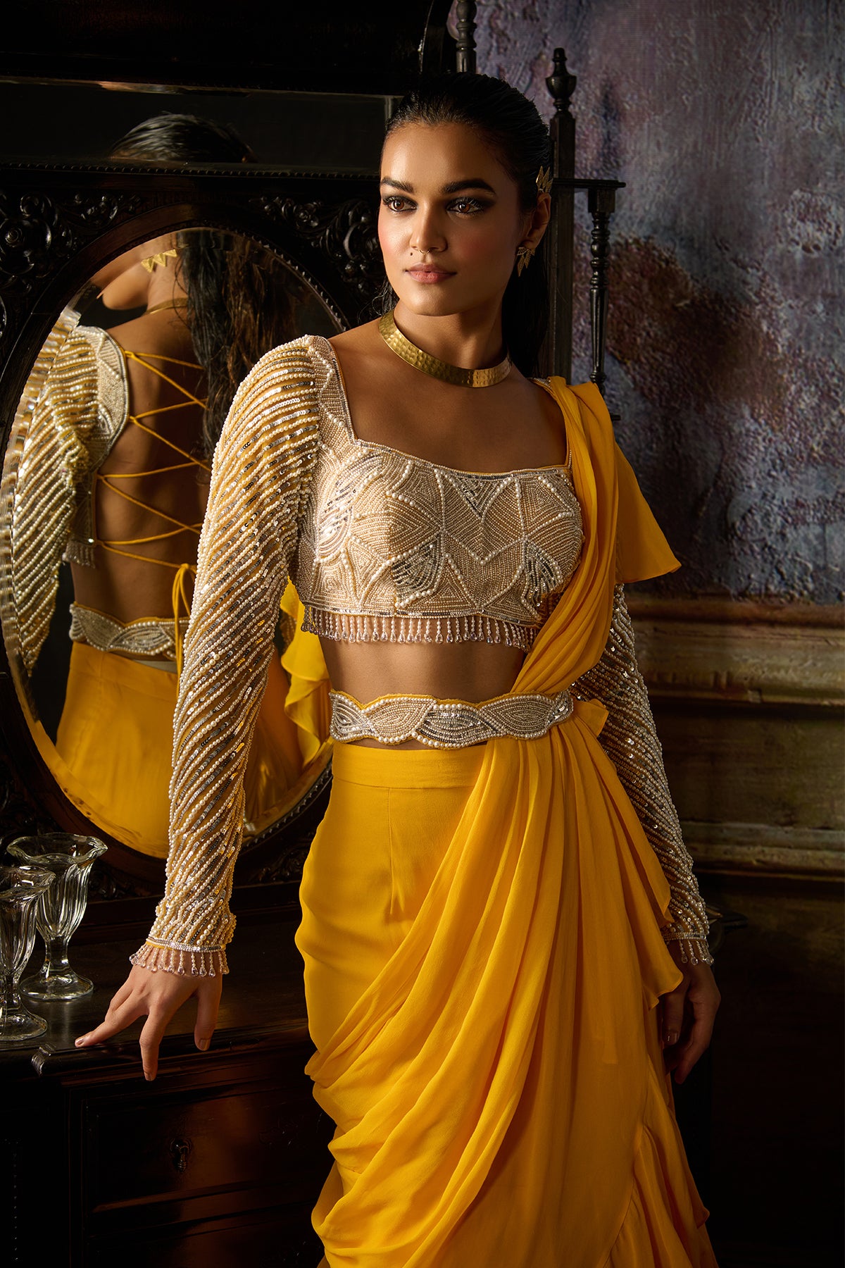 YELLOW EMBROIDERED BLOUSE AND RUFFLE SAREE SET