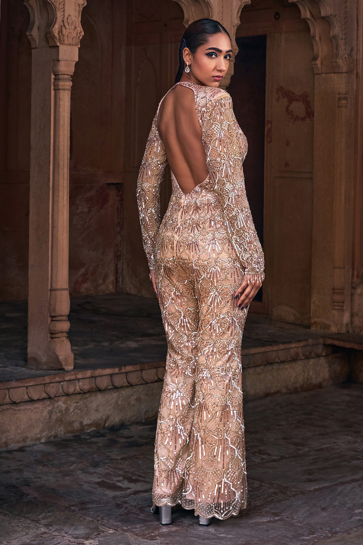 CHAMPAGNE GOLD FULL EMBROIDERED JUMPSUIT