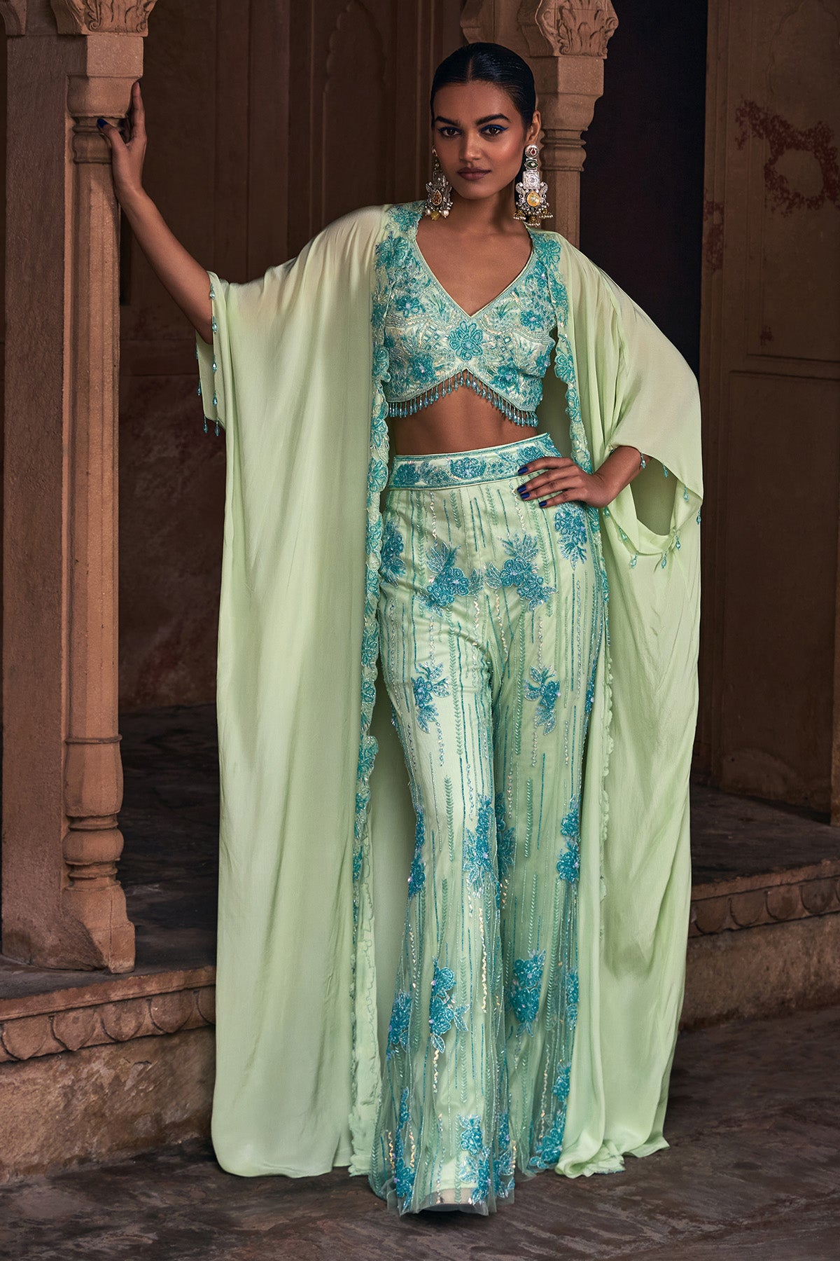 MINT GREEN FULL EMBROIDERED CAPE SET