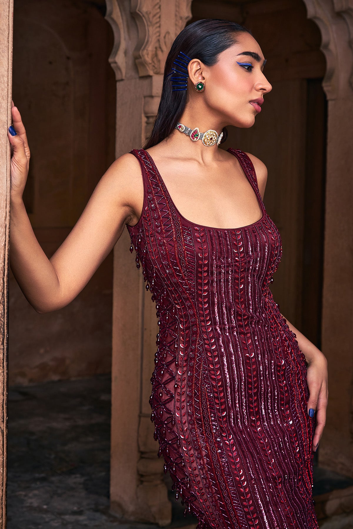 MAROON RED EMBROIDERED SHEATH DRESS