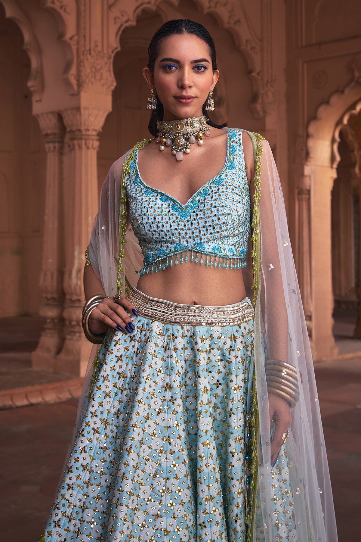 POWDER BLUE FLORAL PRINT & EMBROIDERED LEHENGA SET