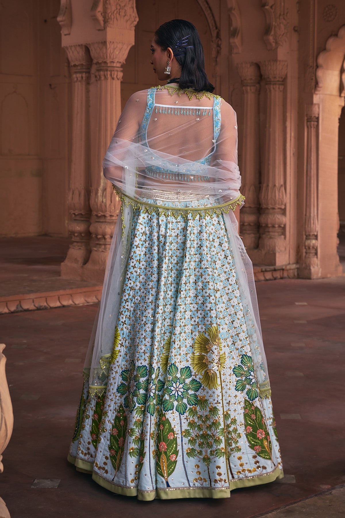 POWDER BLUE FLORAL PRINT & EMBROIDERED LEHENGA SET