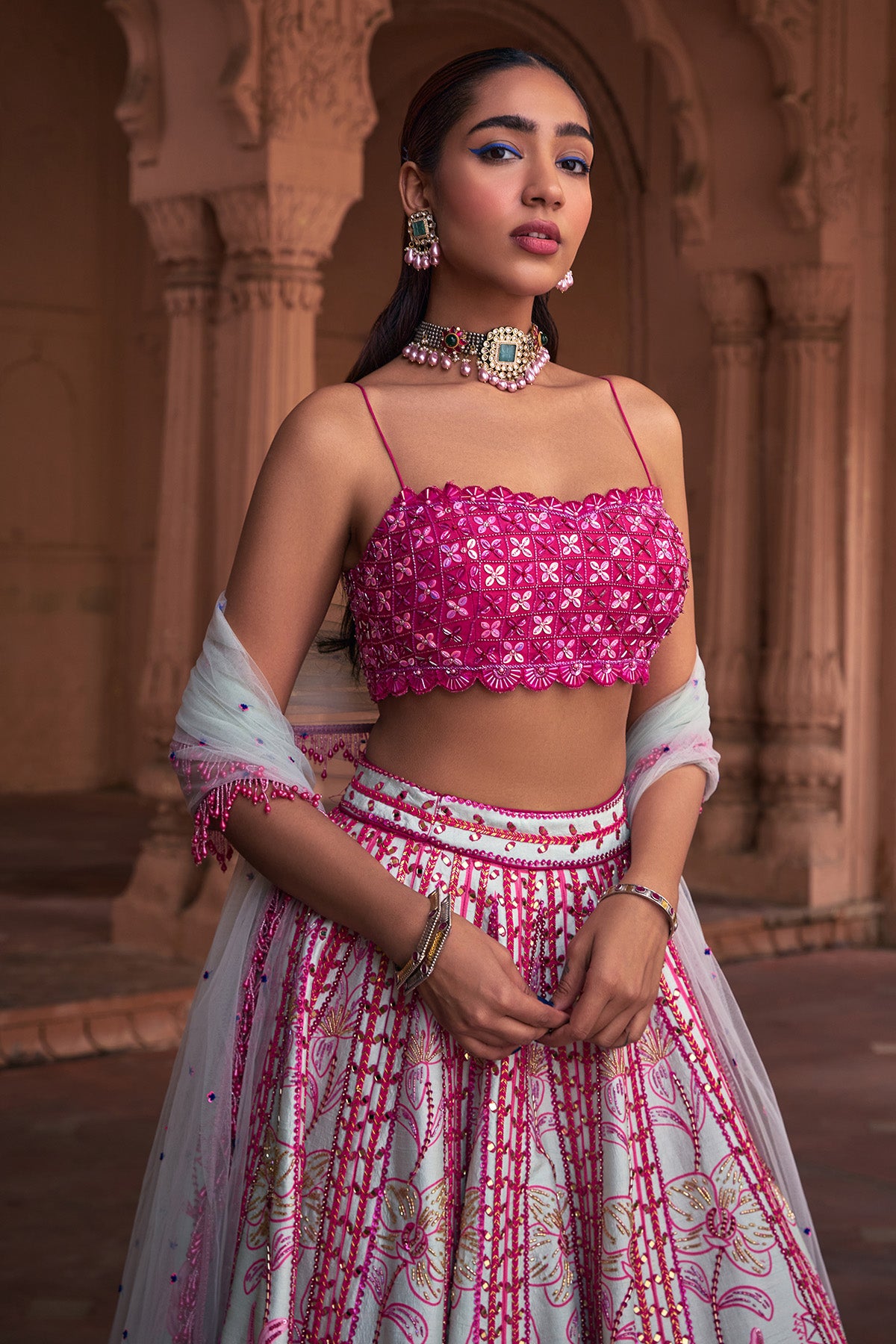 FUSCHIA FLORAL FRAME PRINT & EMBROIDERED LEHENGA SET