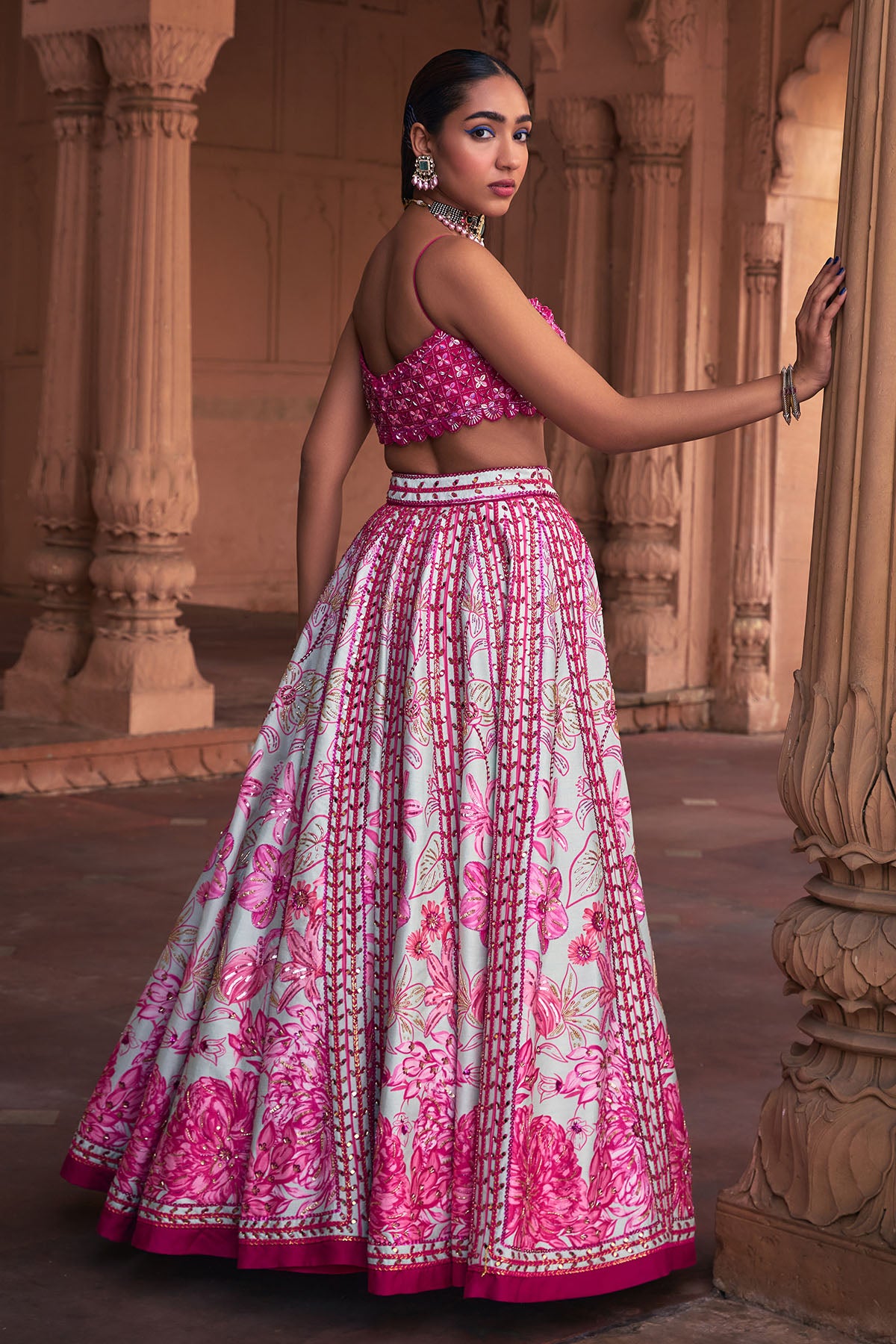 FUSCHIA FLORAL FRAME PRINT & EMBROIDERED LEHENGA SET