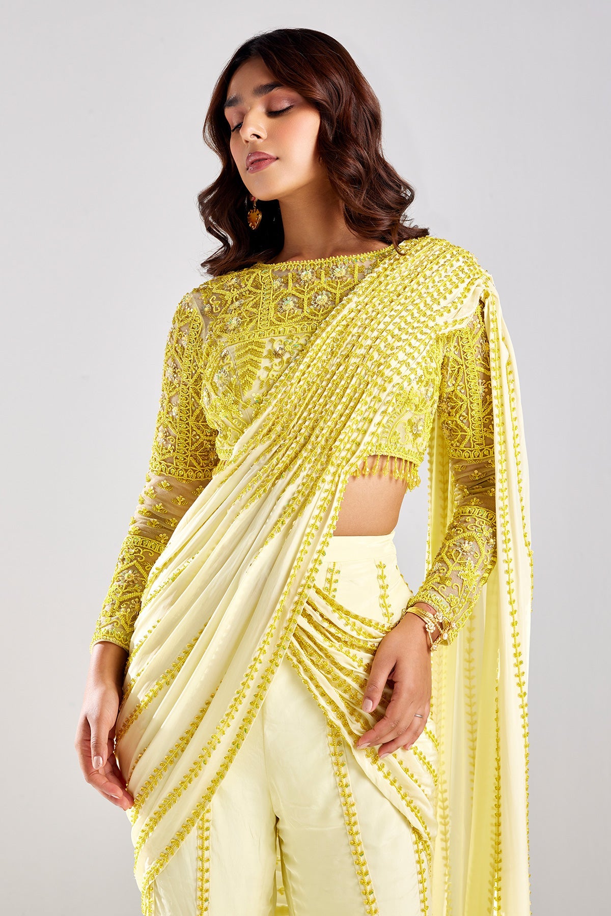 Pastel Yellow Embroidered Saree Set - RTS
