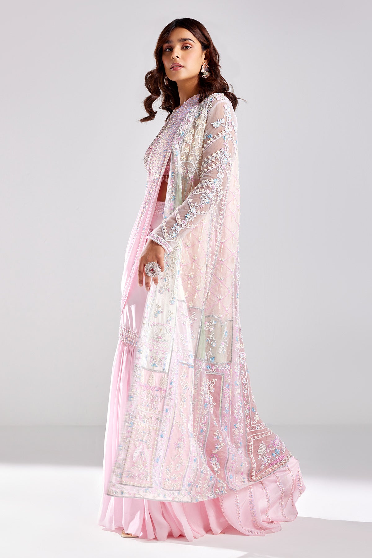 Blush Pink Embroidered Cape With Saree Set