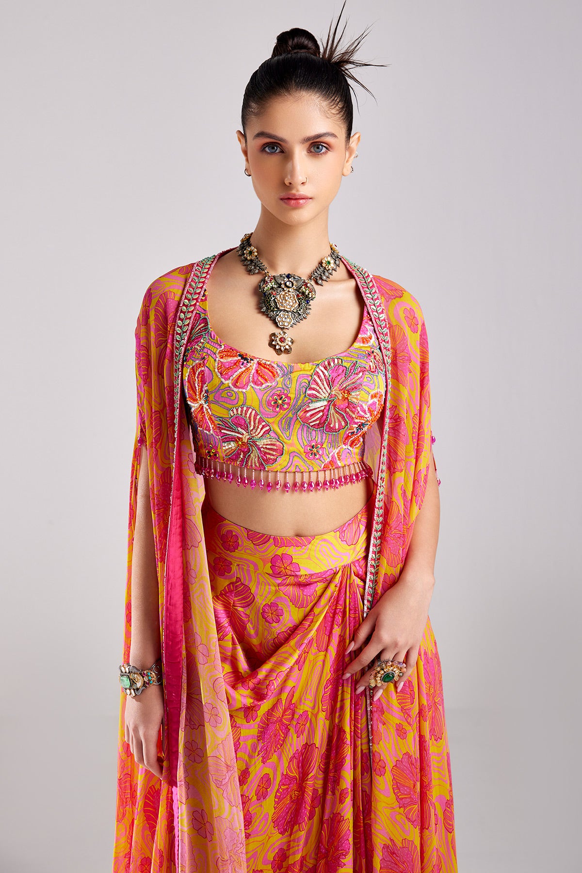 Pink Print & Embroidered Cape Set