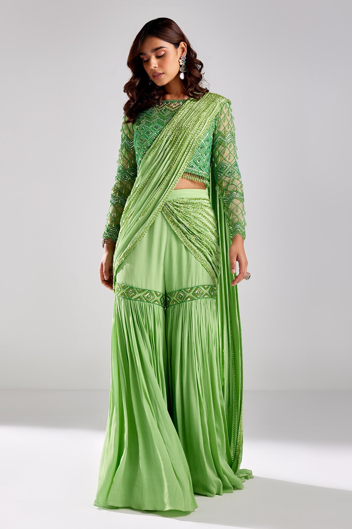 Mint Green Embroidered Saree Set - RTS