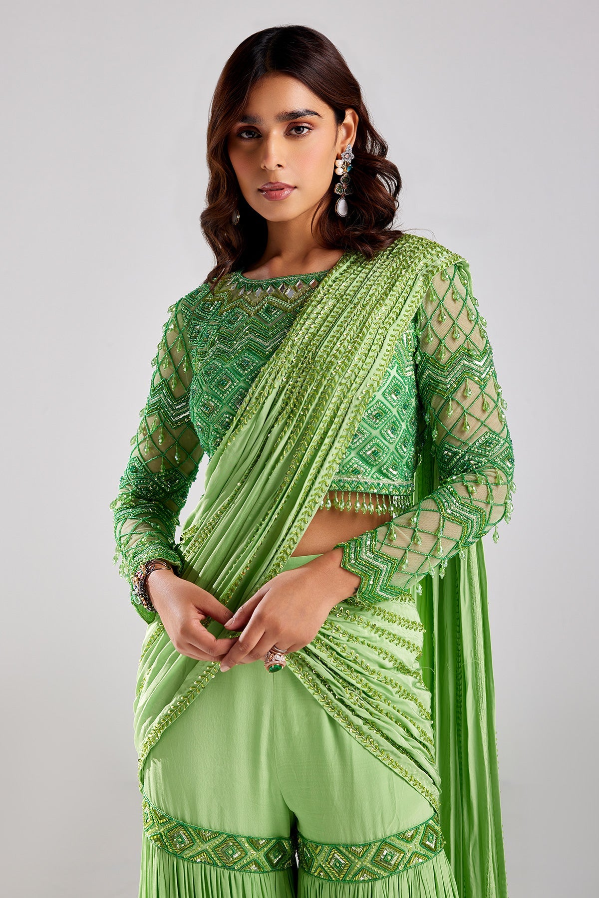 Mint Green Embroidered Saree Set - RTS