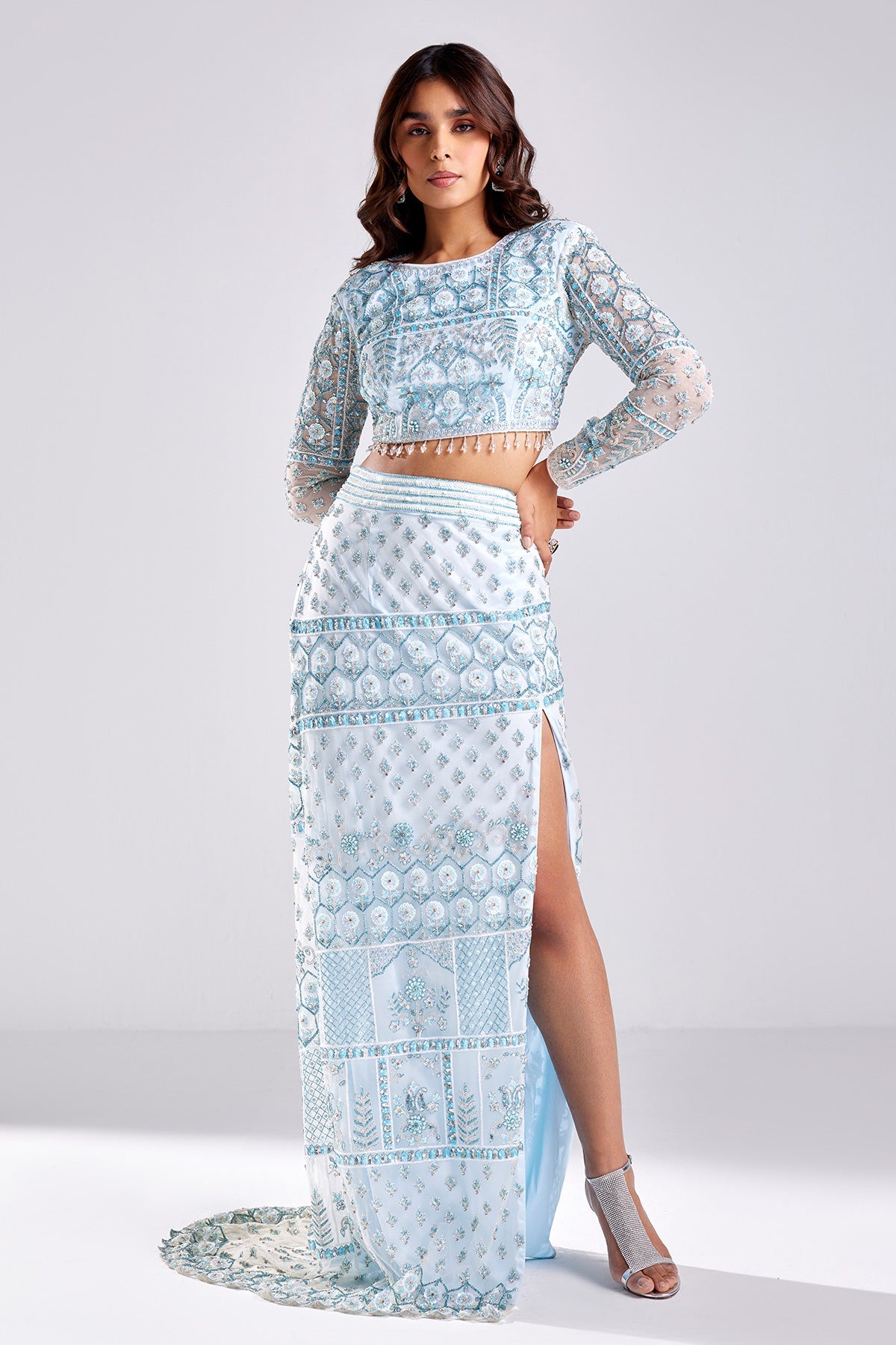 Powder Blue Embroidered Crop Top and Skirt Set - RTS