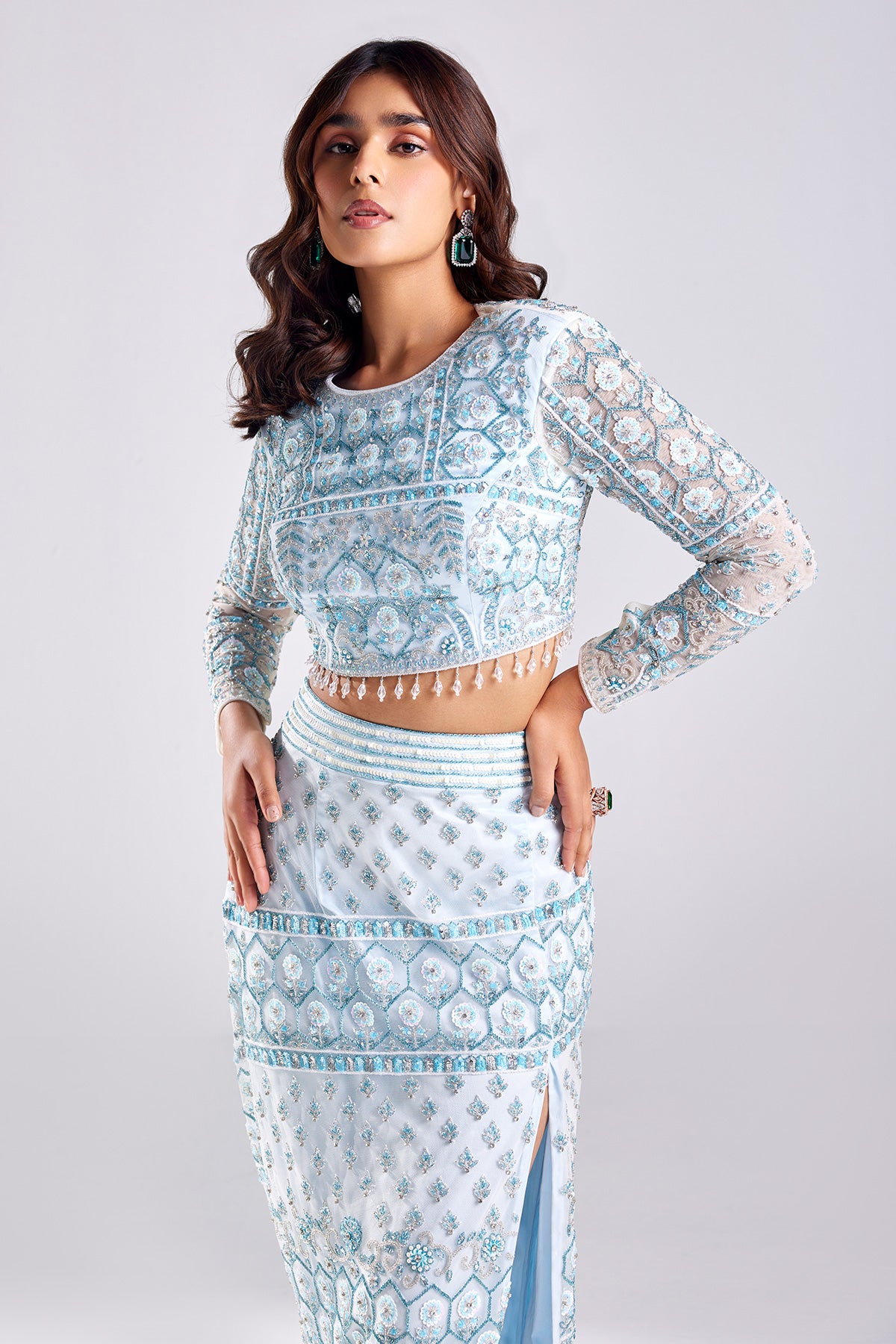 Powder Blue Embroidered Crop Top and Skirt Set