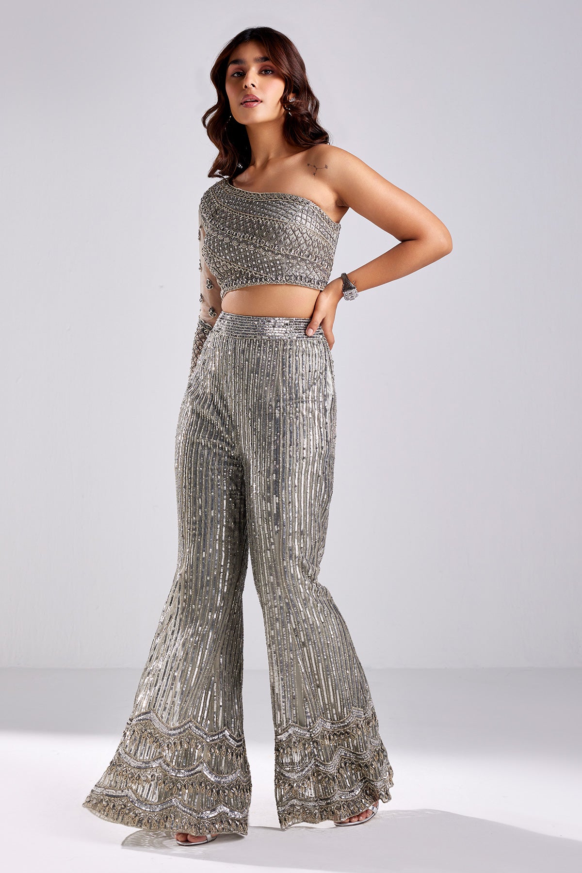 Coral embroidered bell bottom pant with crop top and cape – Label Dee