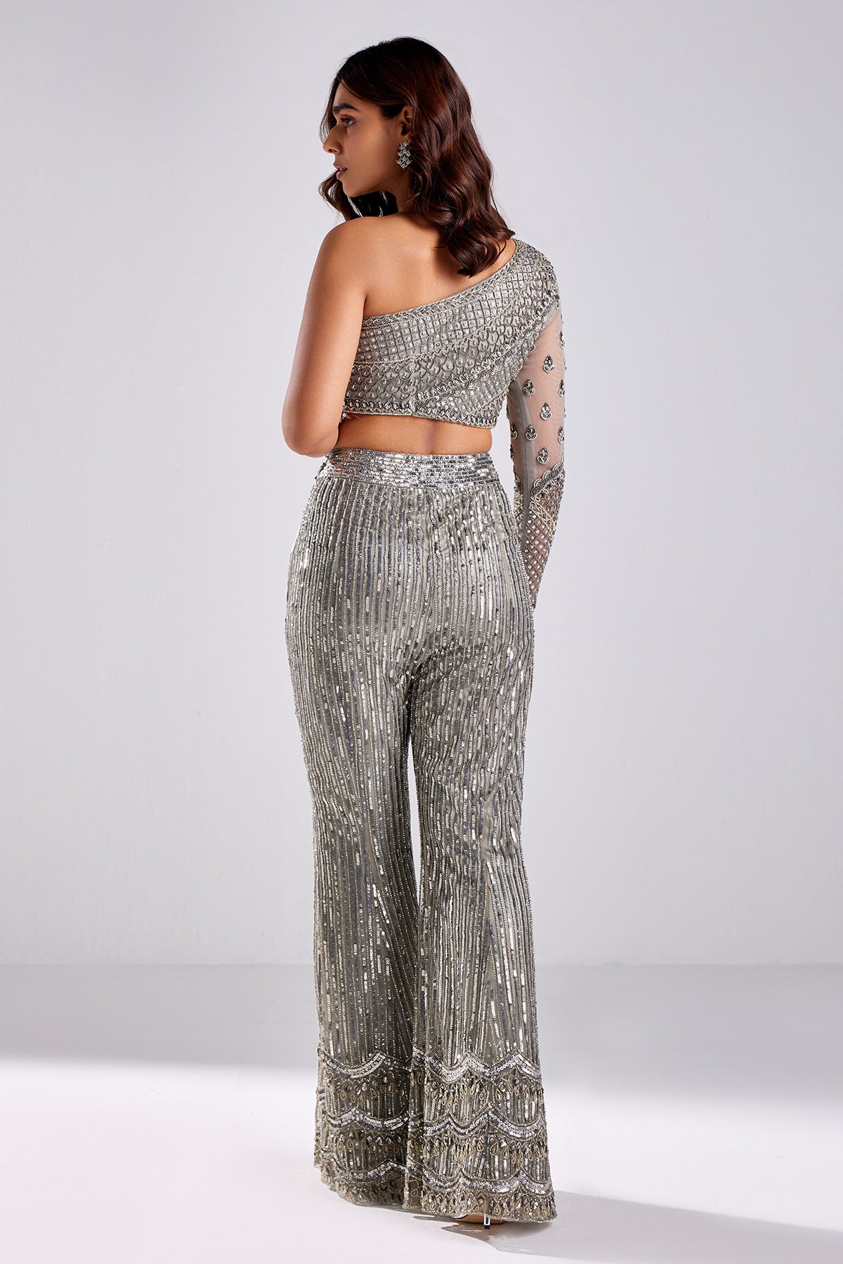 Grey Embroidered Crop Top & Pants Set