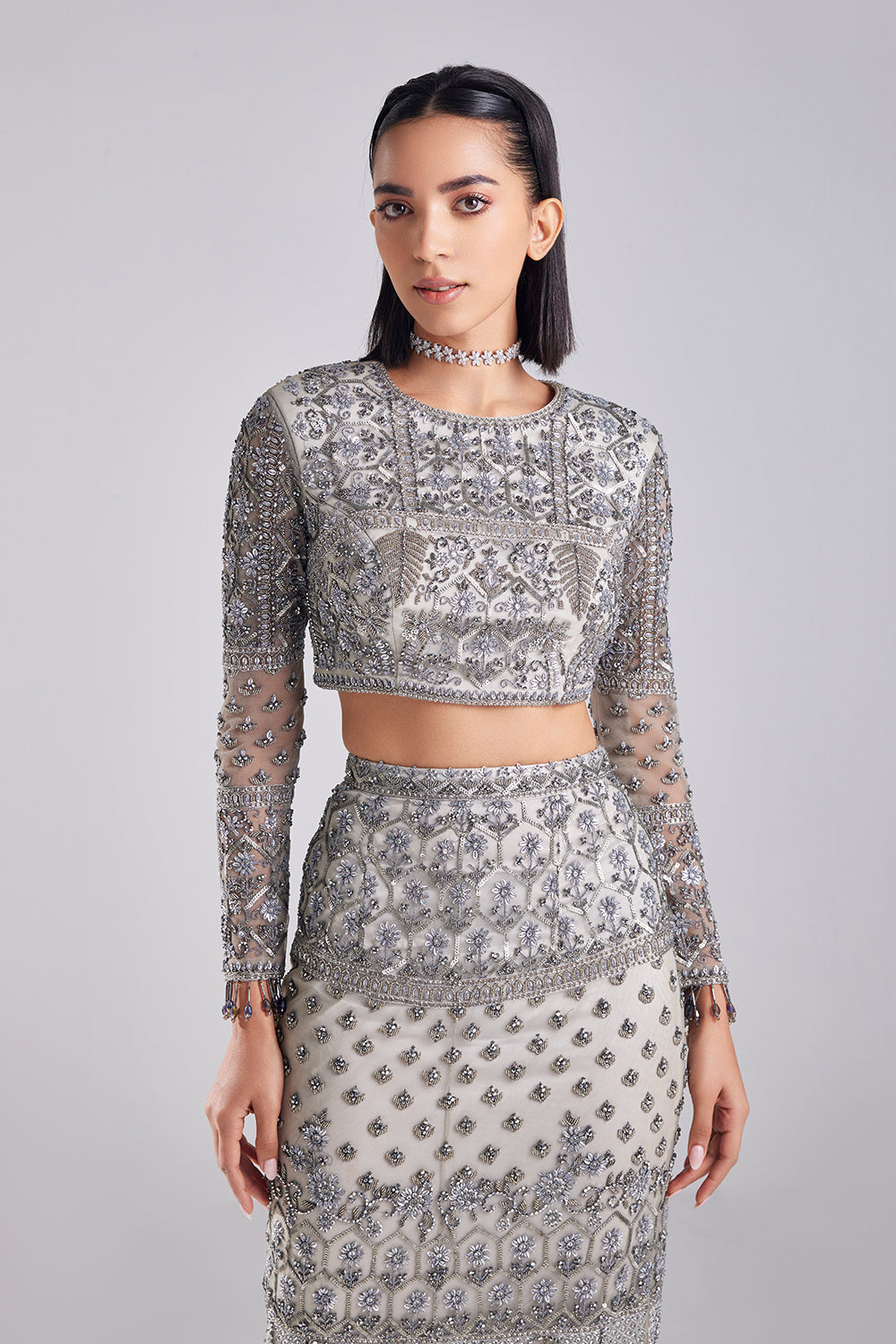 Grey Embroidered Crop Top-skirt Set