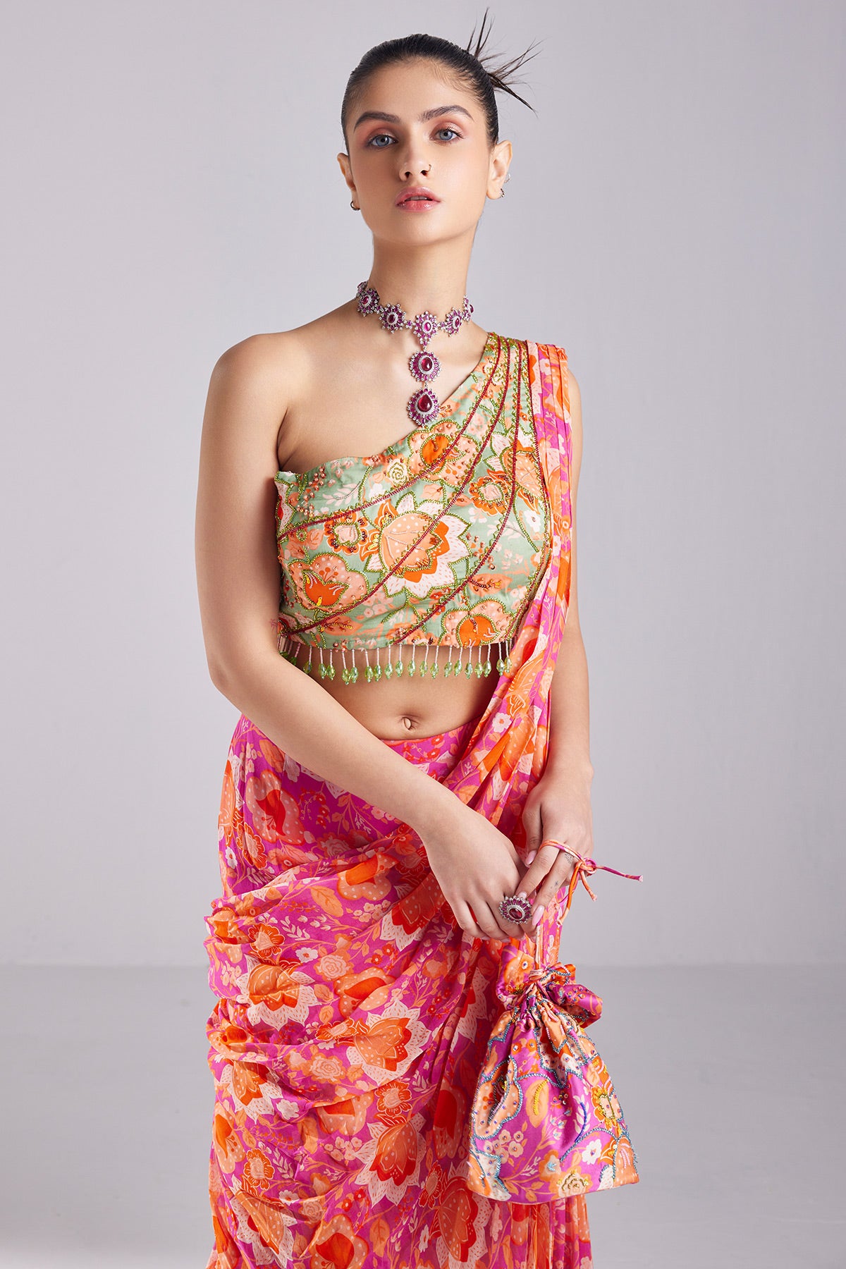 Fuschia Print & Embroidered Saree Set