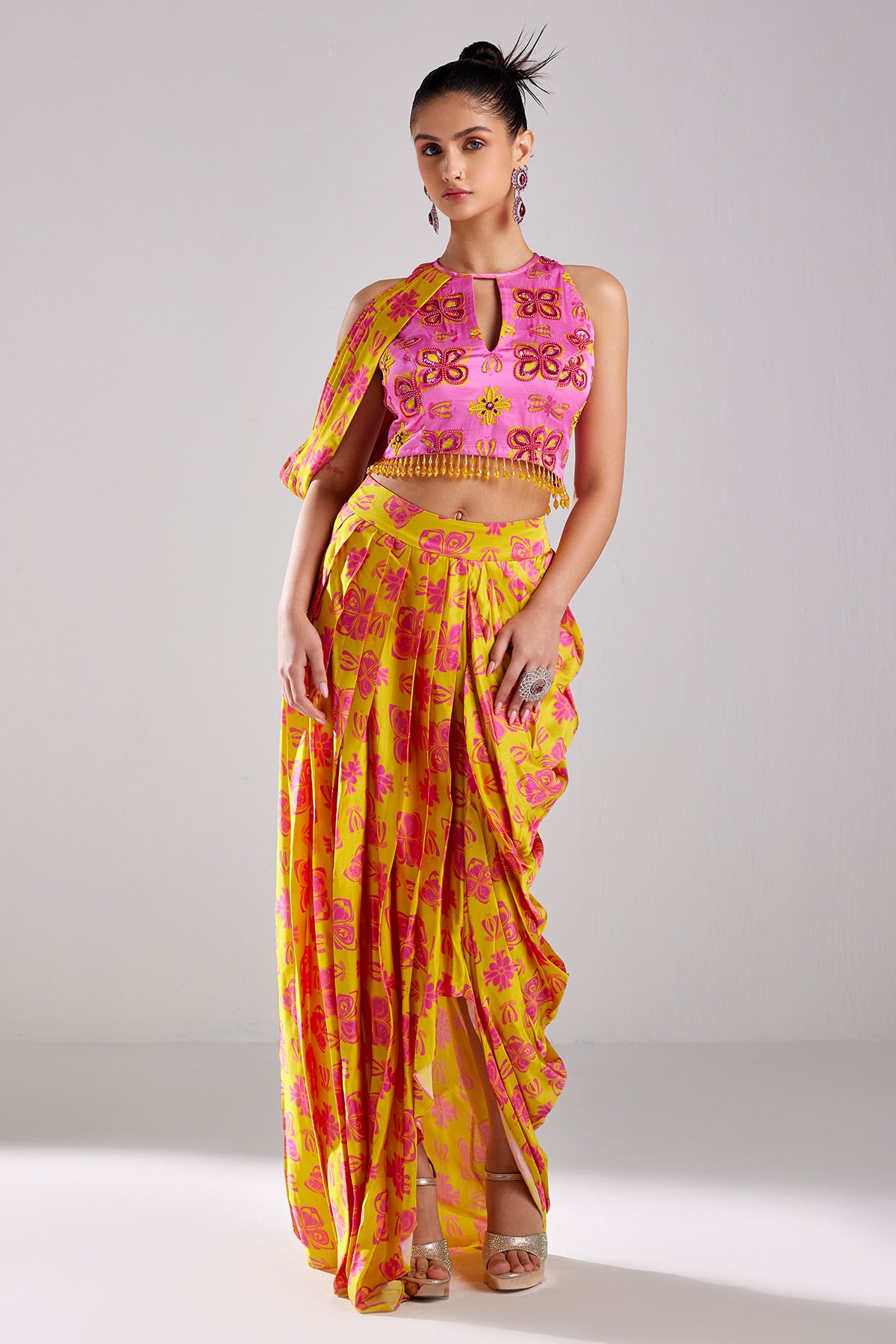 Fuschia Pink  Print & Embroidered Crop Top Skirt Set