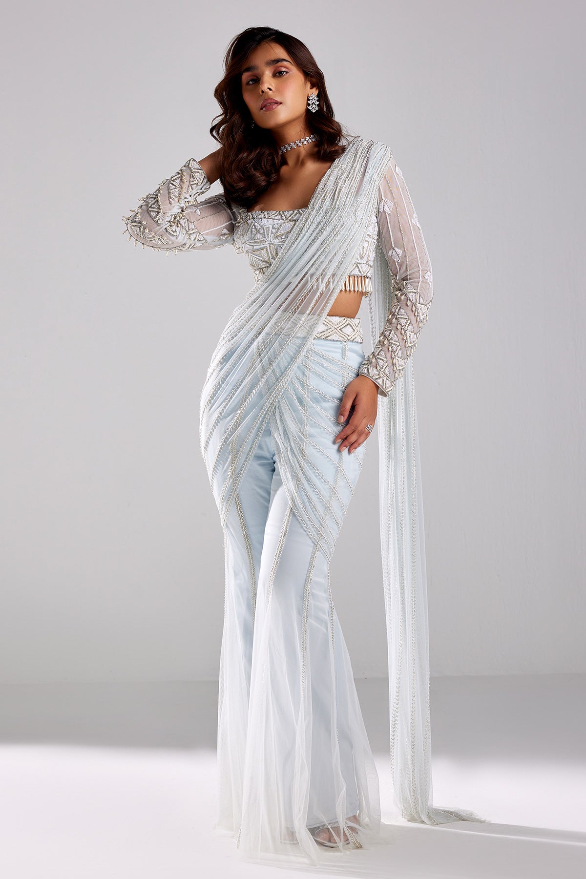 Ice Blue With Silver & White Embroidered Saree Set