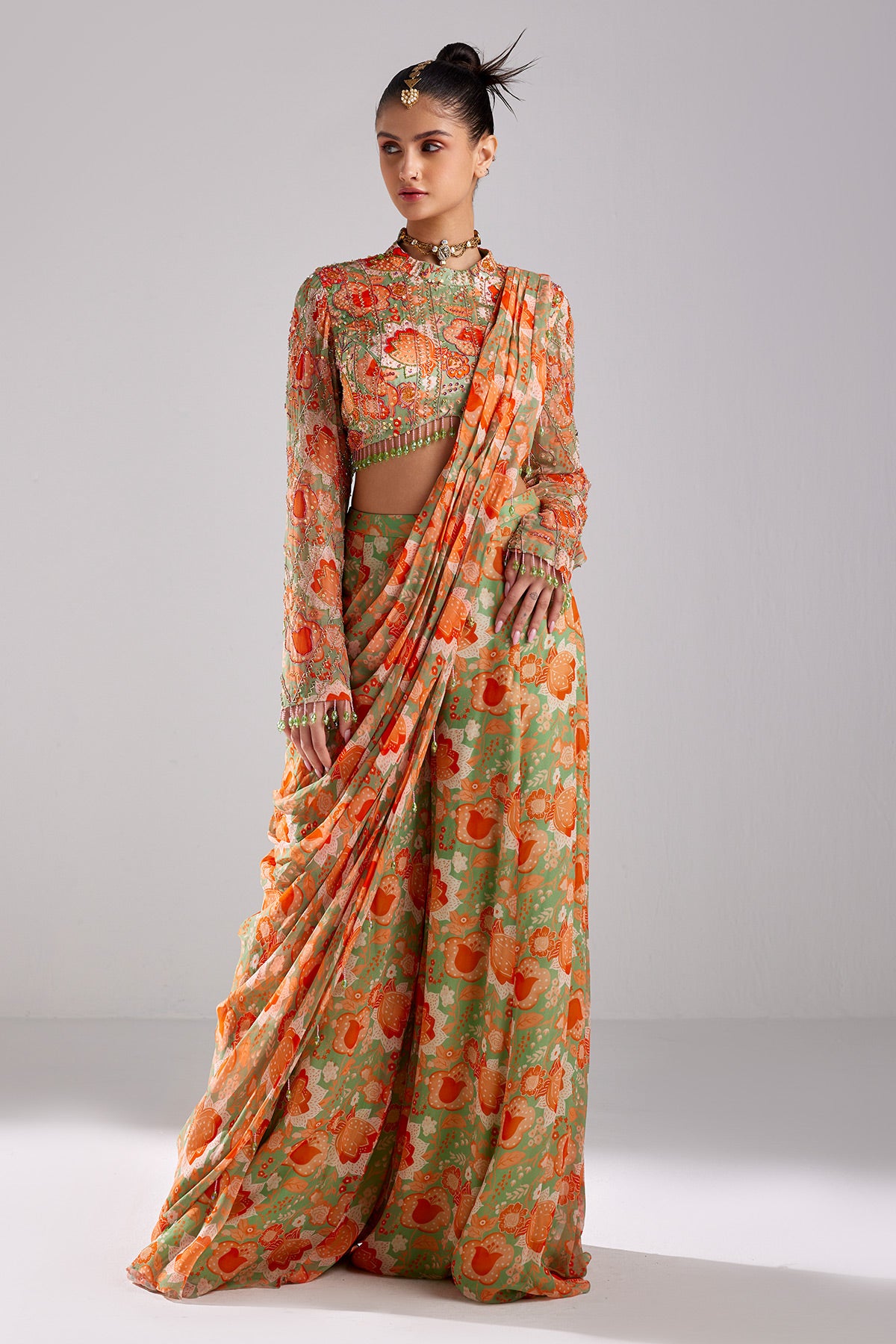 Mint Green Print & Embroidered Saree Set