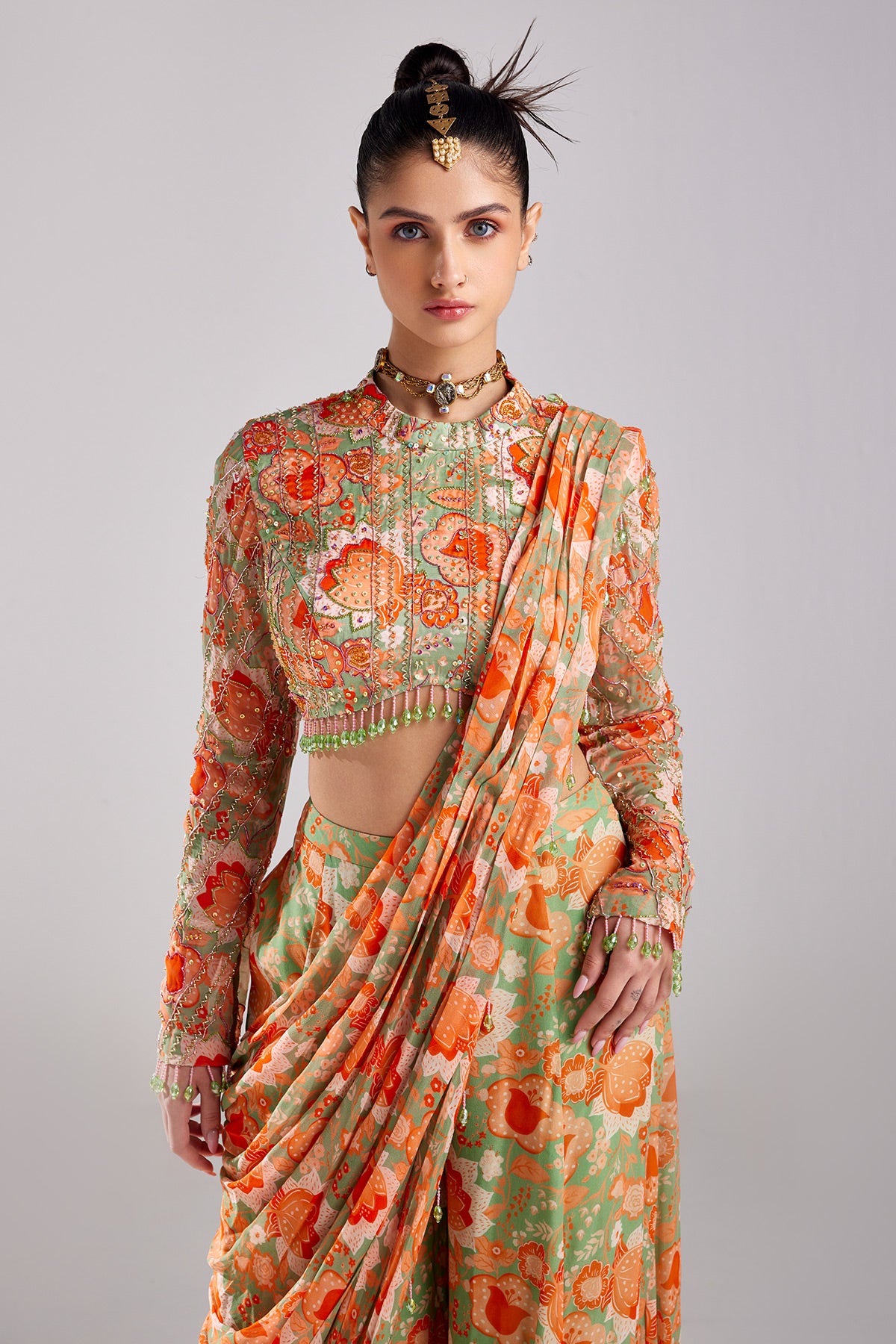 Mint Green Print & Embroidered Saree Set