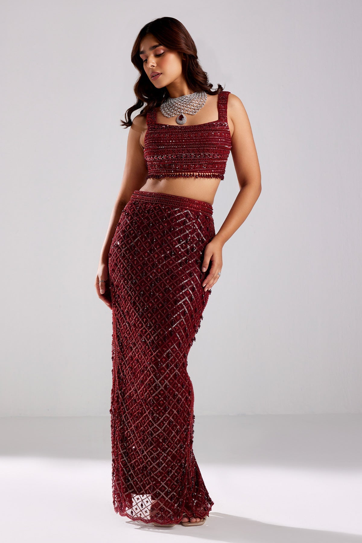 Marsala Red Embroidered Crop Top-skirt Set - RTS