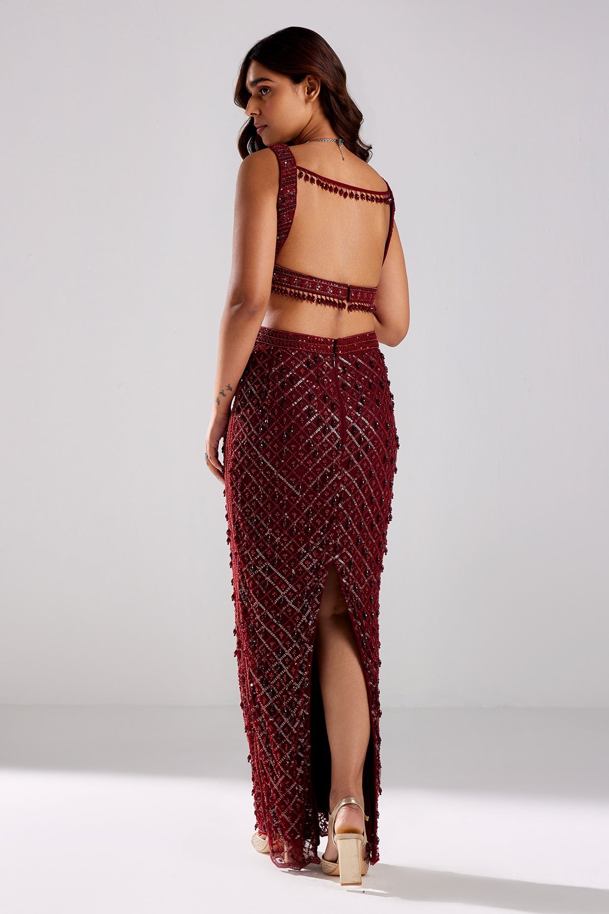 Marsala Red Embroidered Crop Top-skirt Set - RTS
