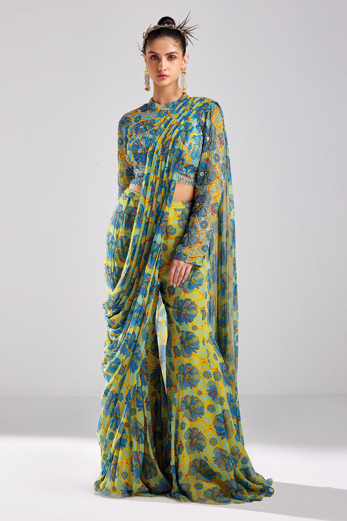 Blue Print & Embroidered Saree Set