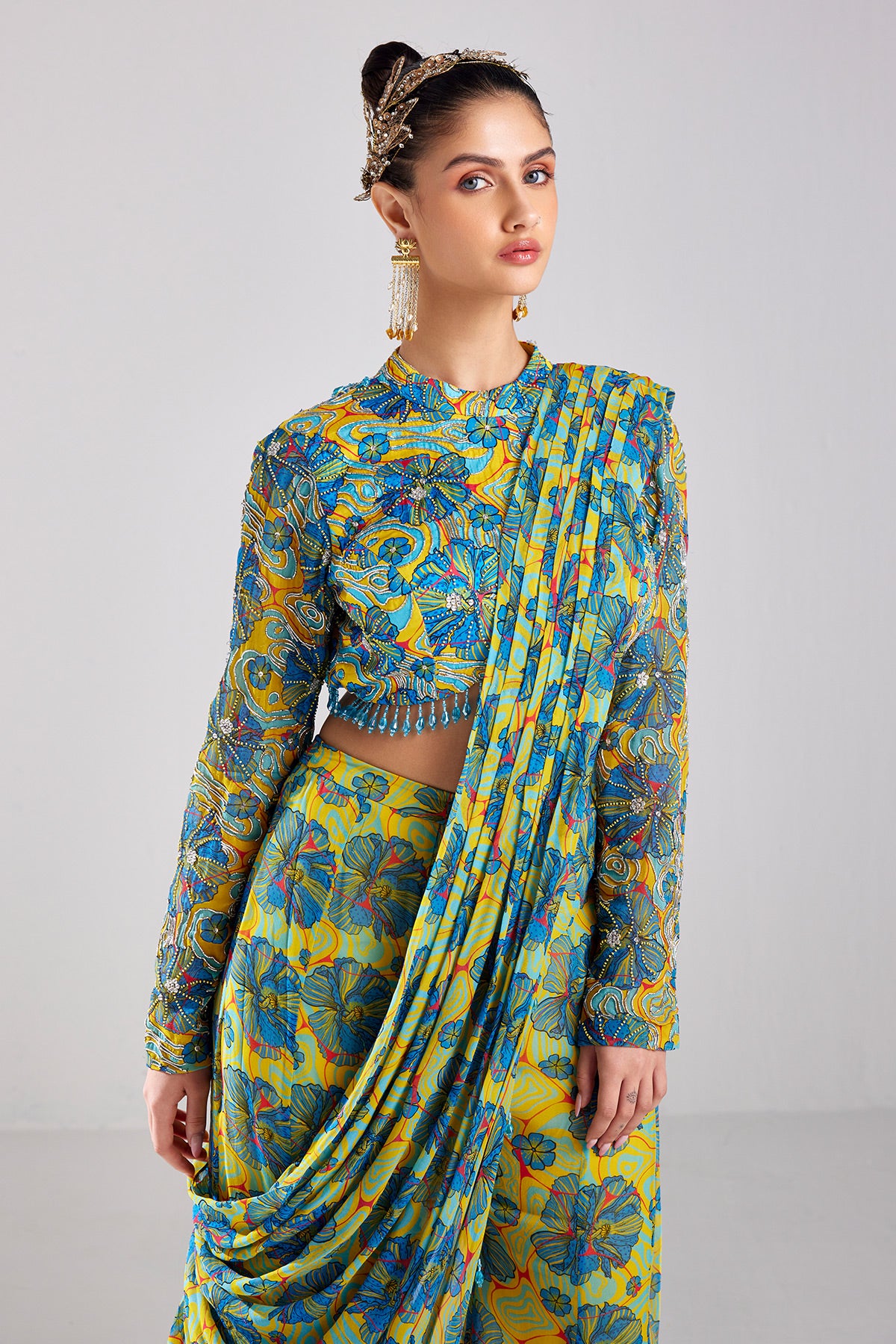 Blue Print & Embroidered Saree Set