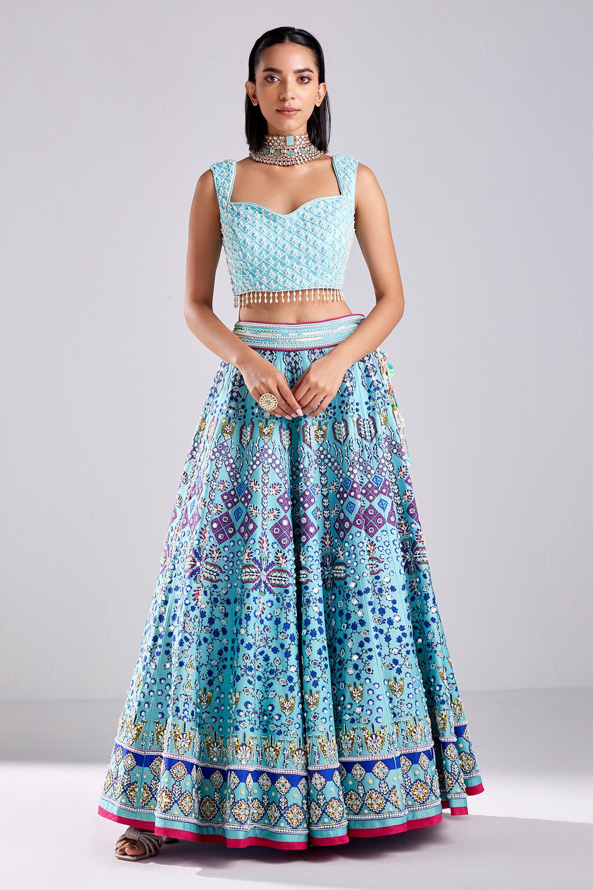 Tiffany Blue Traditional Print & Embroidered Lehenga Set