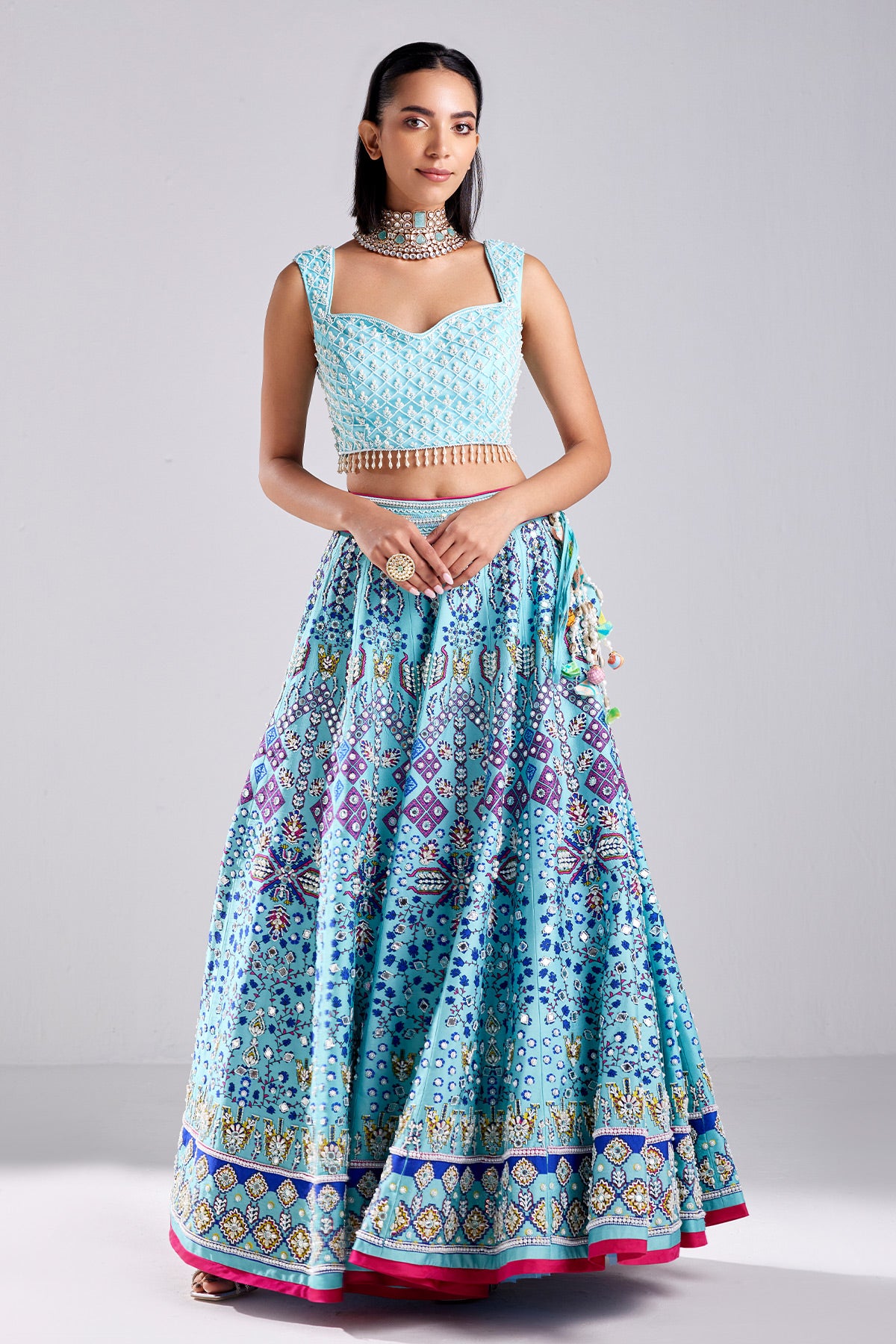 Tiffany Blue Traditional Print & Embroidered Lehenga Set