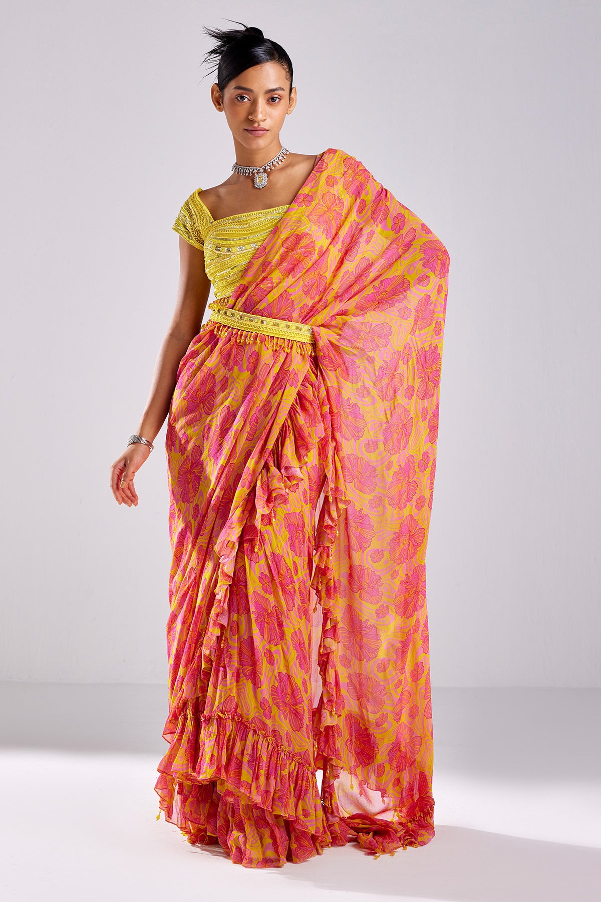 Pink Print & Embroidered Saree Set