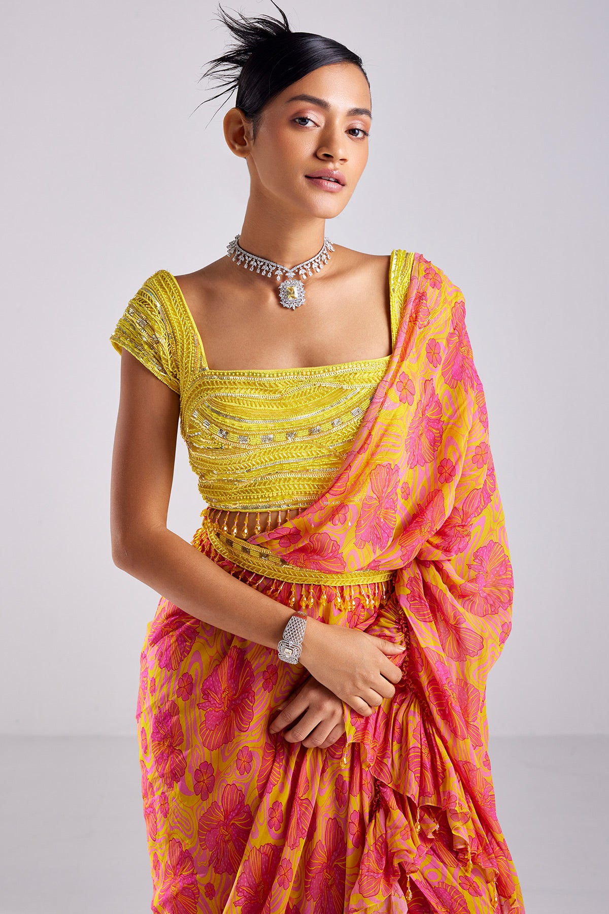 Vivid Tangerine Pink and Yellow Banarasi Woven Silk Saree – MySilkLove