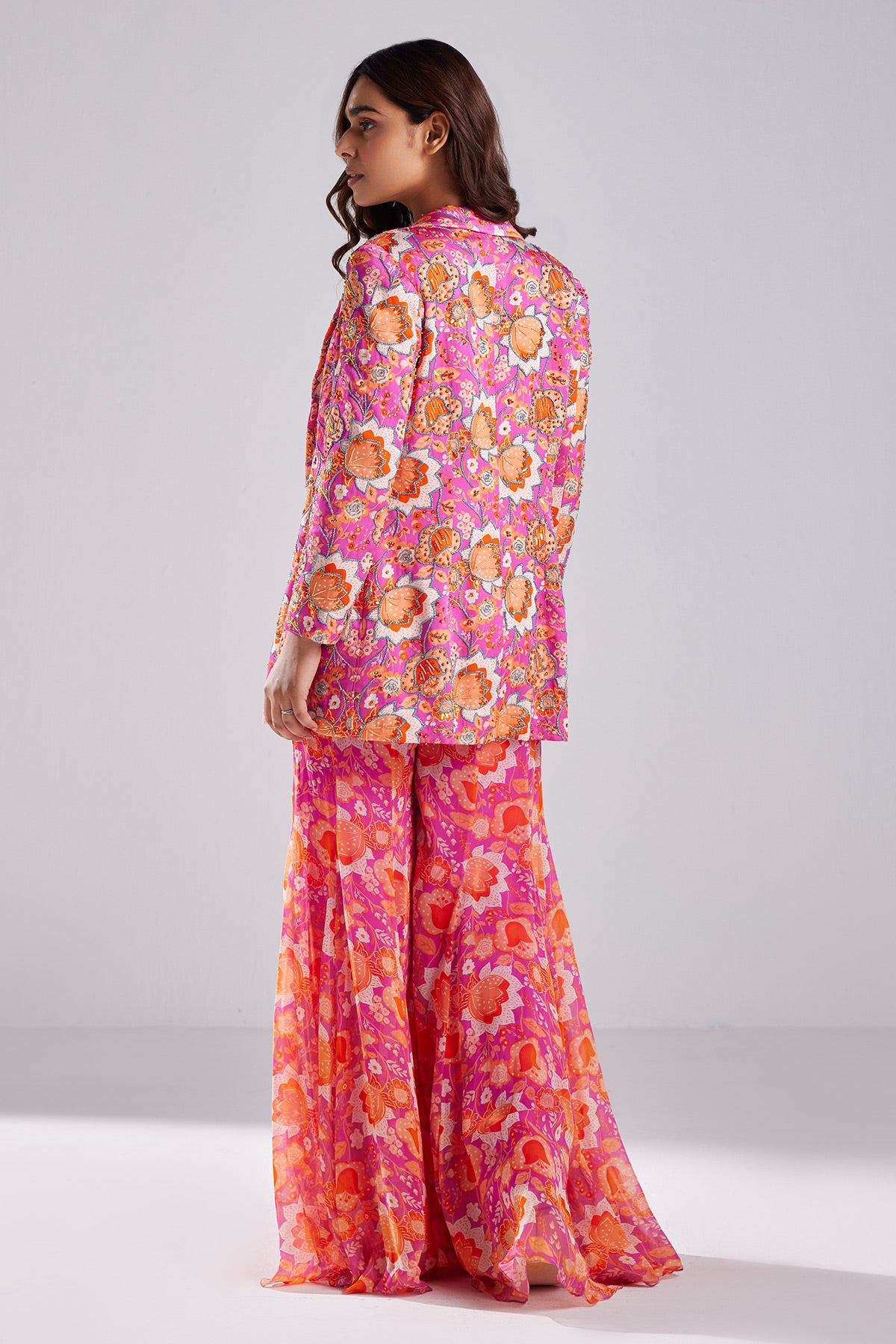 Fuschia Pink Print & Embroidered Blazer Set