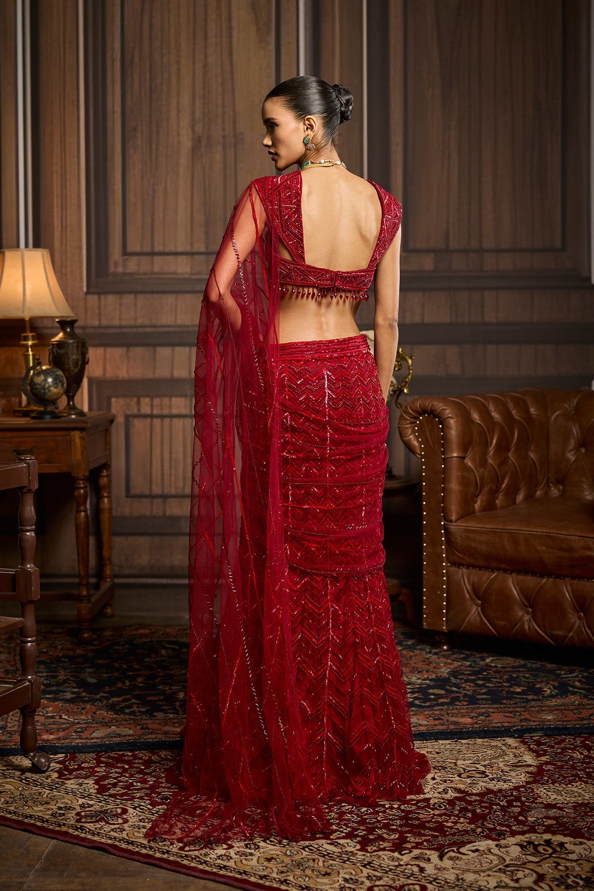 Red Embellished Draped Pre-Draped Skirt Saree Set