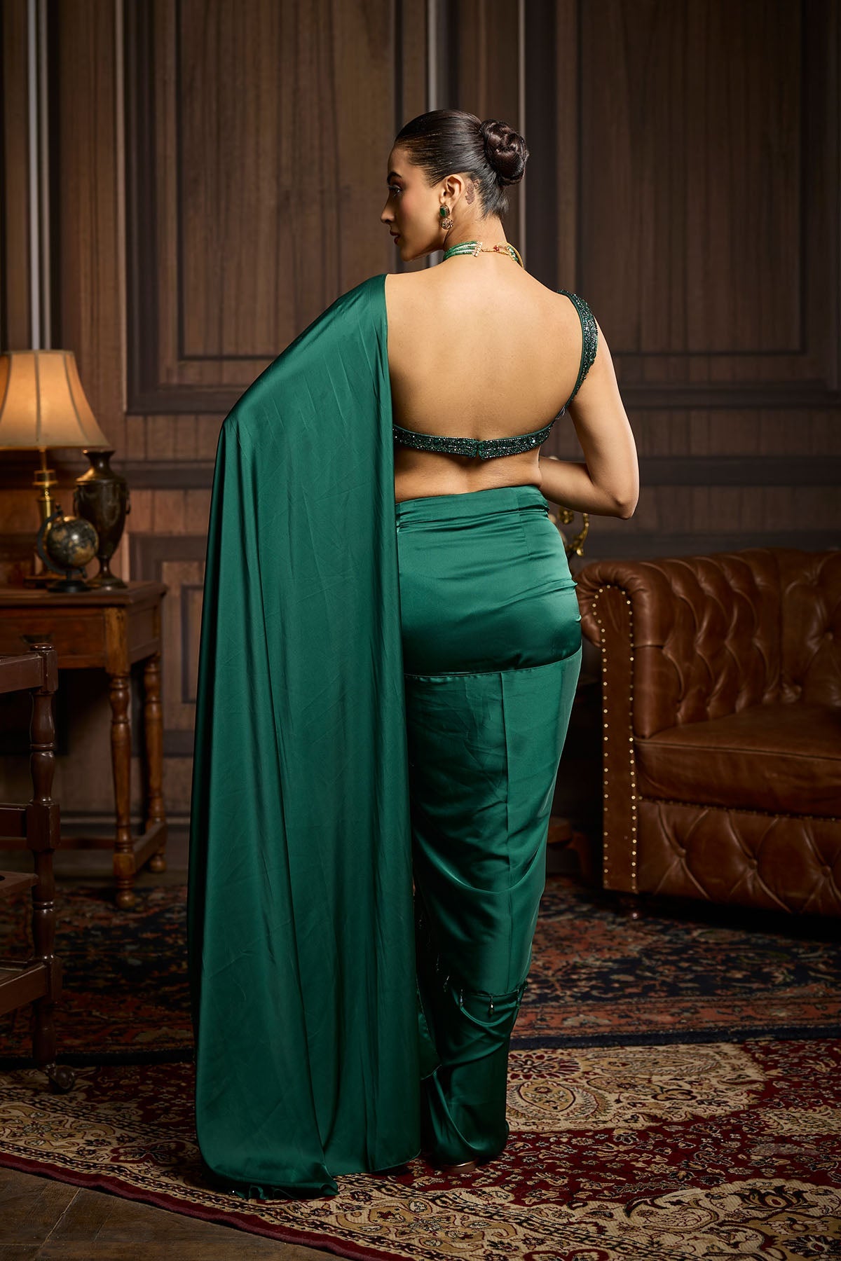 Emerald Green Embellished Blouse And Pre-Draped Dhoti Saree Set