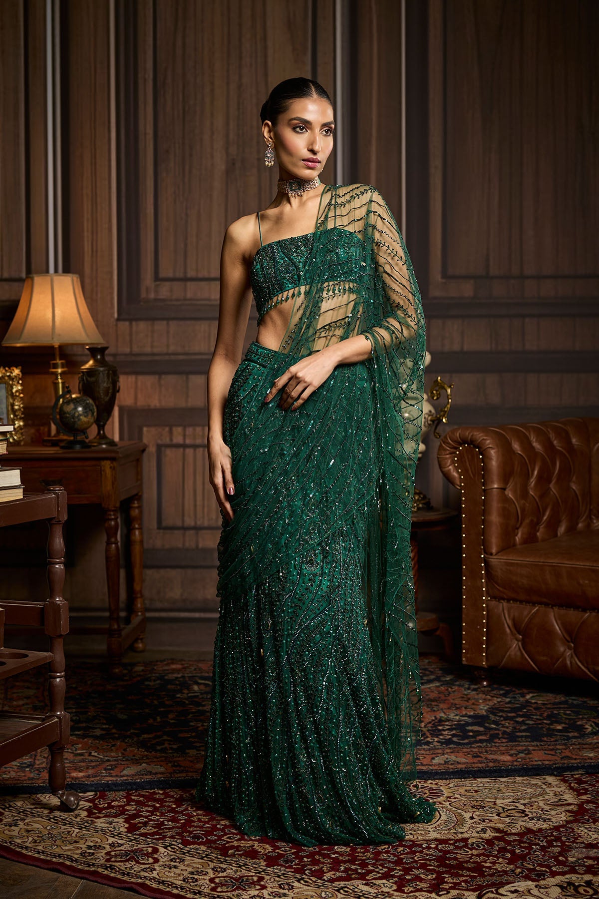 Emerald Green Embellished Blouse And Pre-Draped Saree Set