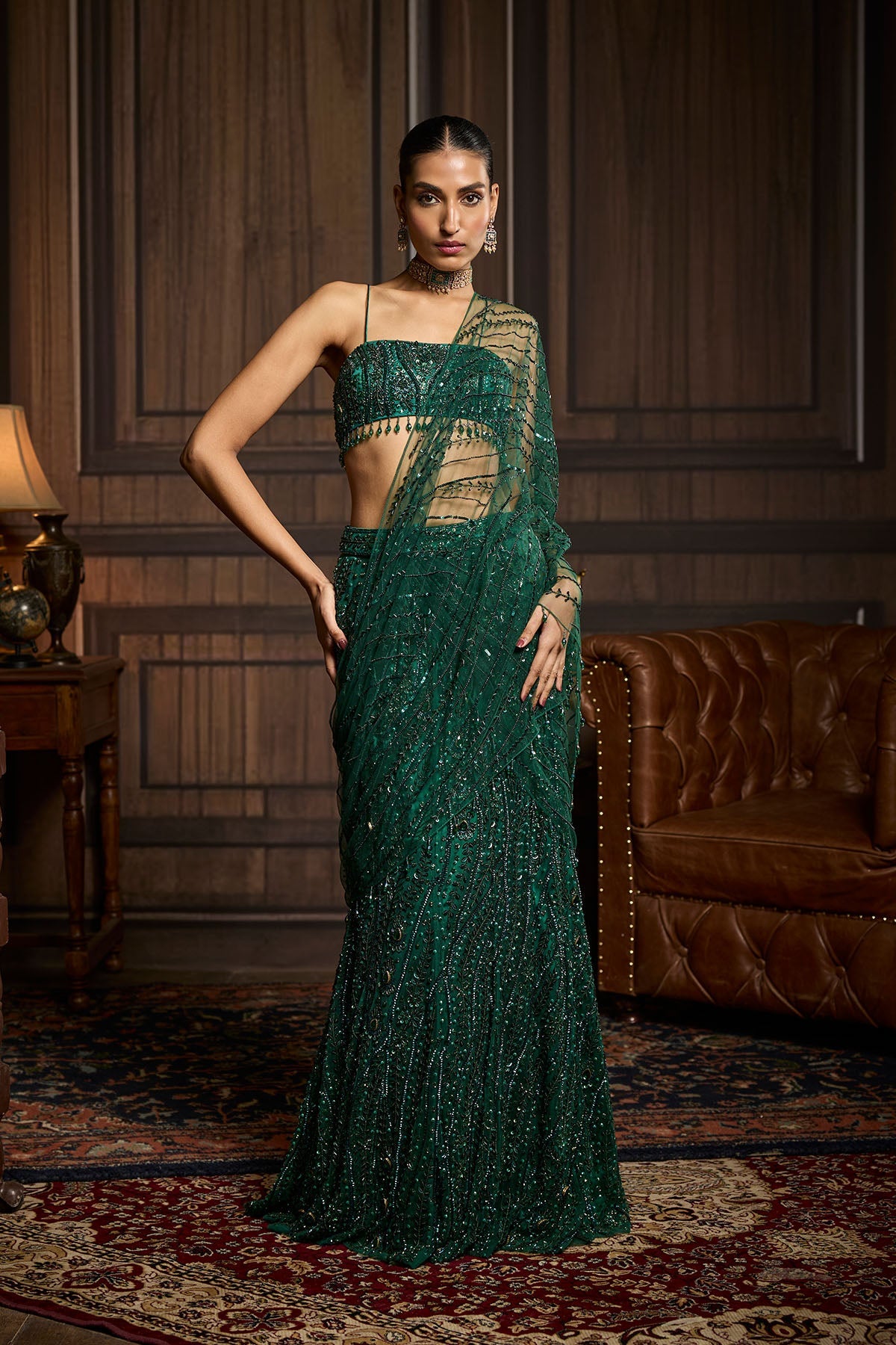 Emerald Green Embellished Blouse And Pre-Draped Saree Set