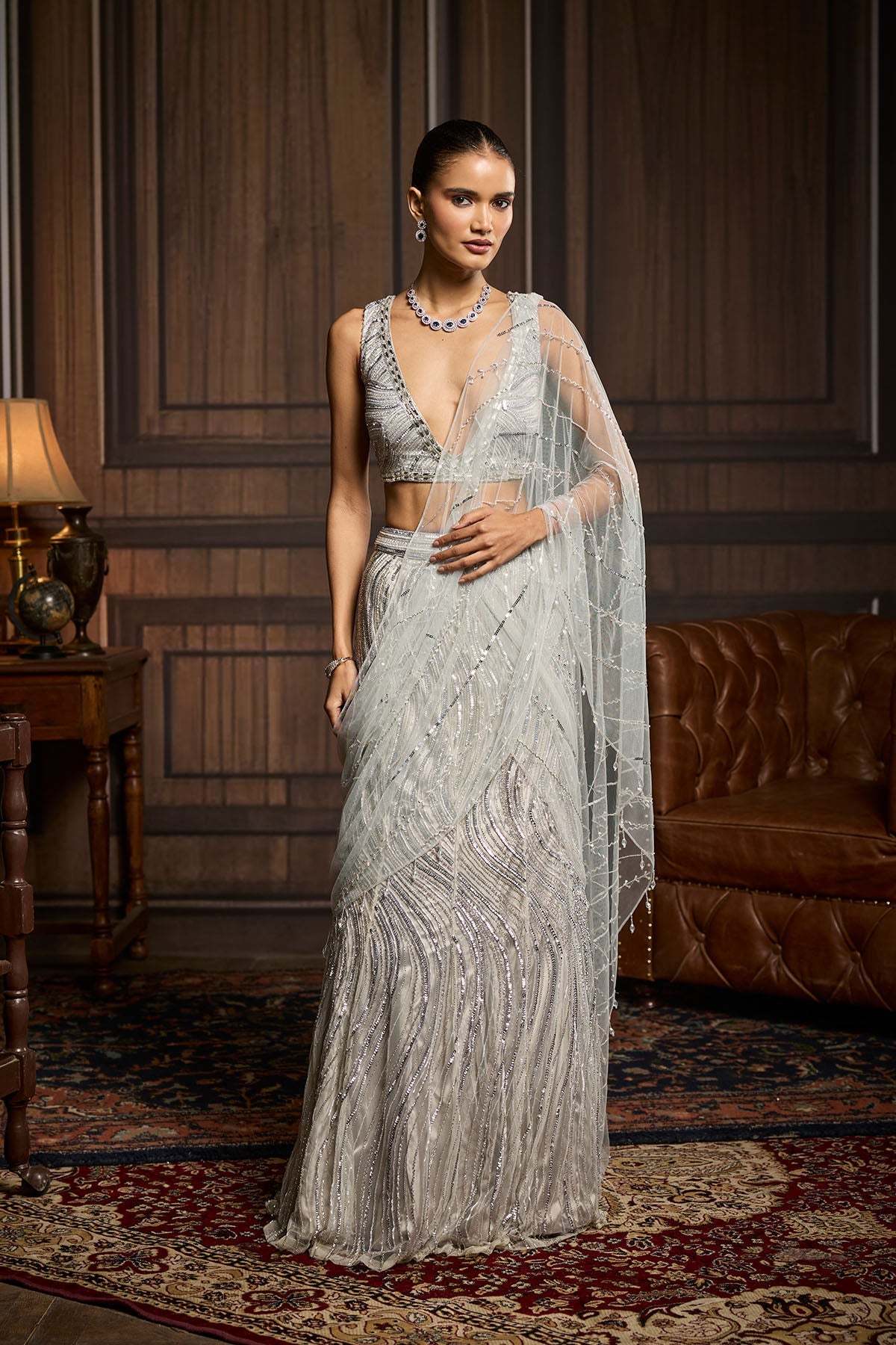 Silver Embellished Pre-Draped Skirt Saree Set