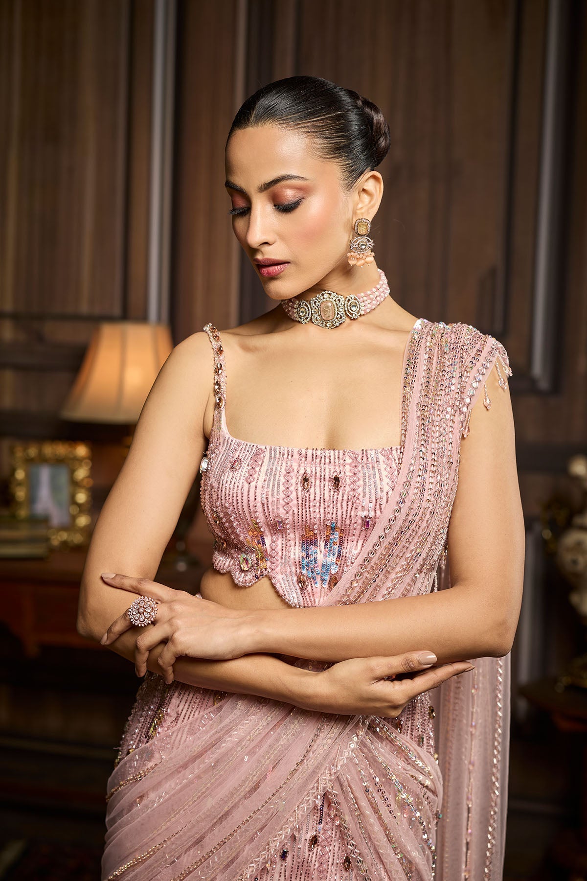 Blush Pink Embellished Pre-Draped Skirt Saree Set