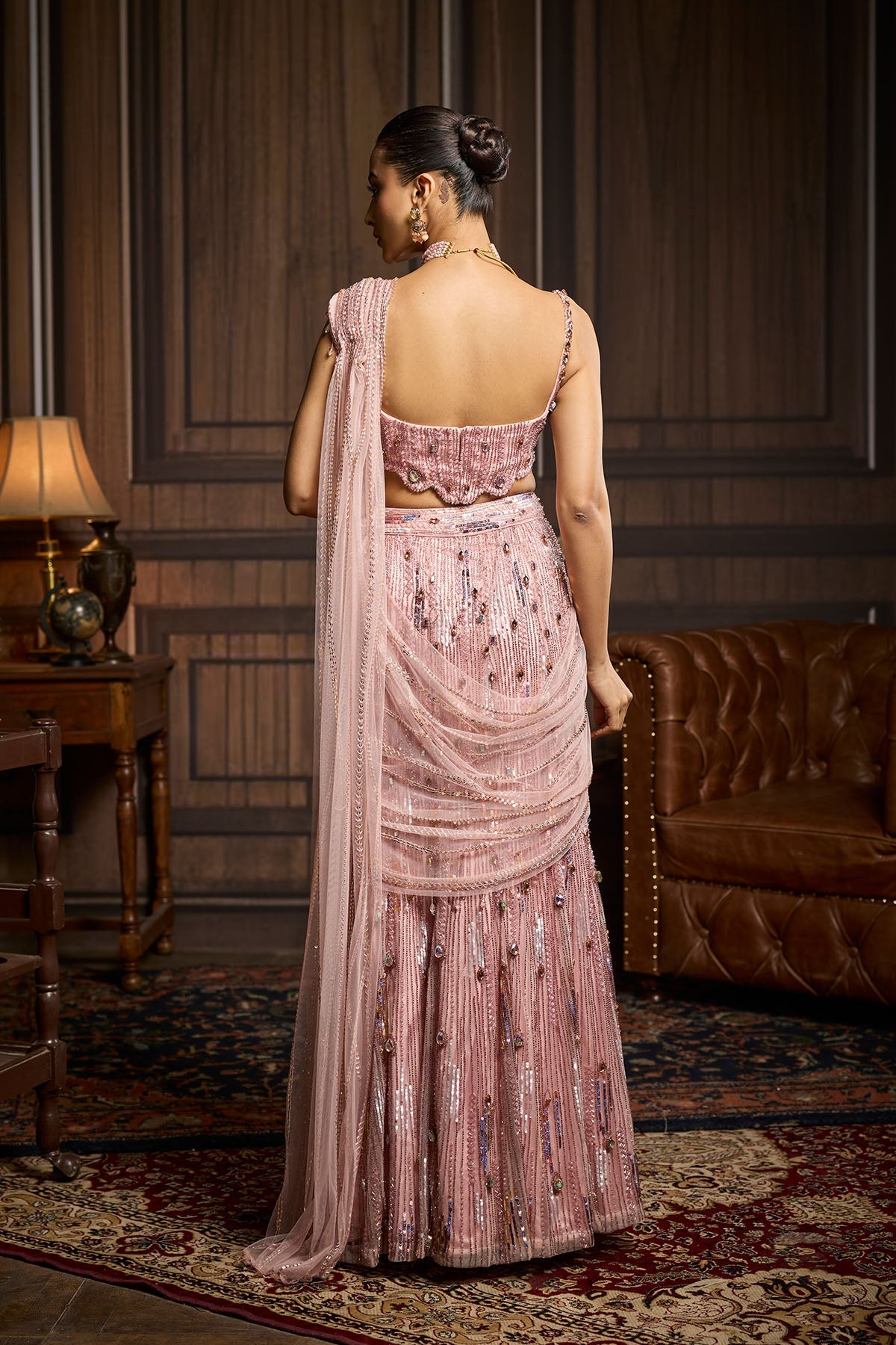 Blush Pink Embellished Pre-Draped Skirt Saree Set