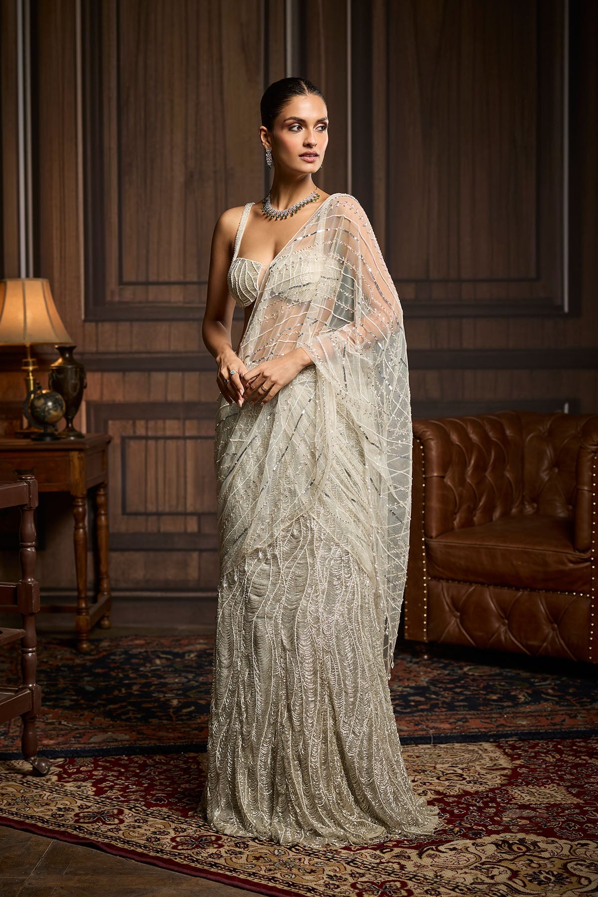 Silver Fully Embellished Pre-Draped Skirt Saree Set