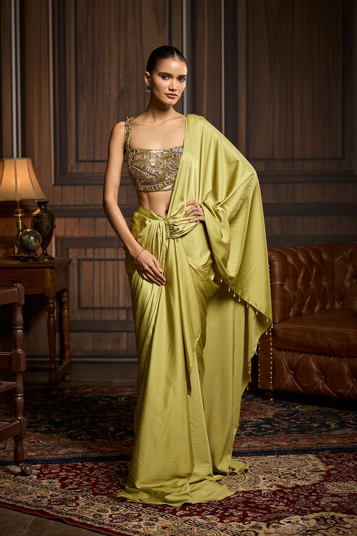 Pear Green Embroidered Blouse And Pre Draped Saree Set