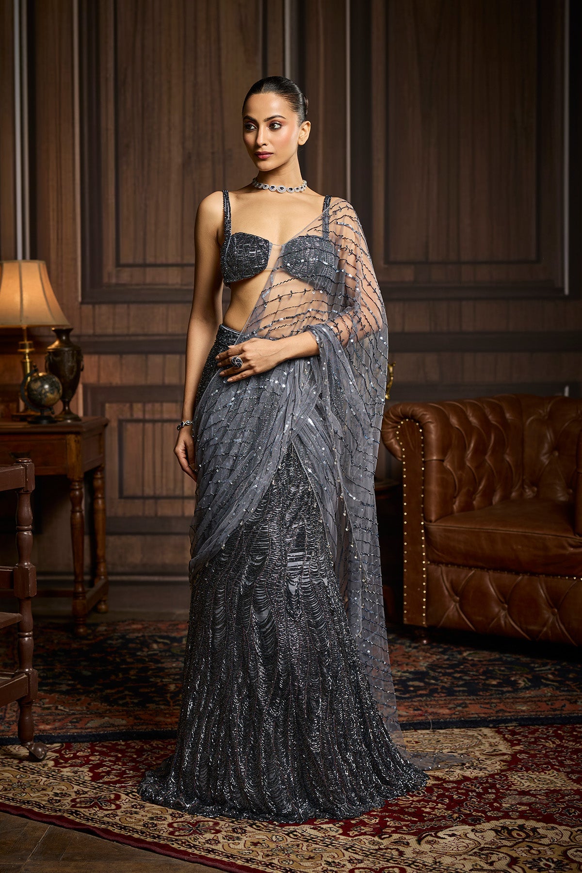 Gunmetal Embellished Pre-Draped Skirt Saree Set