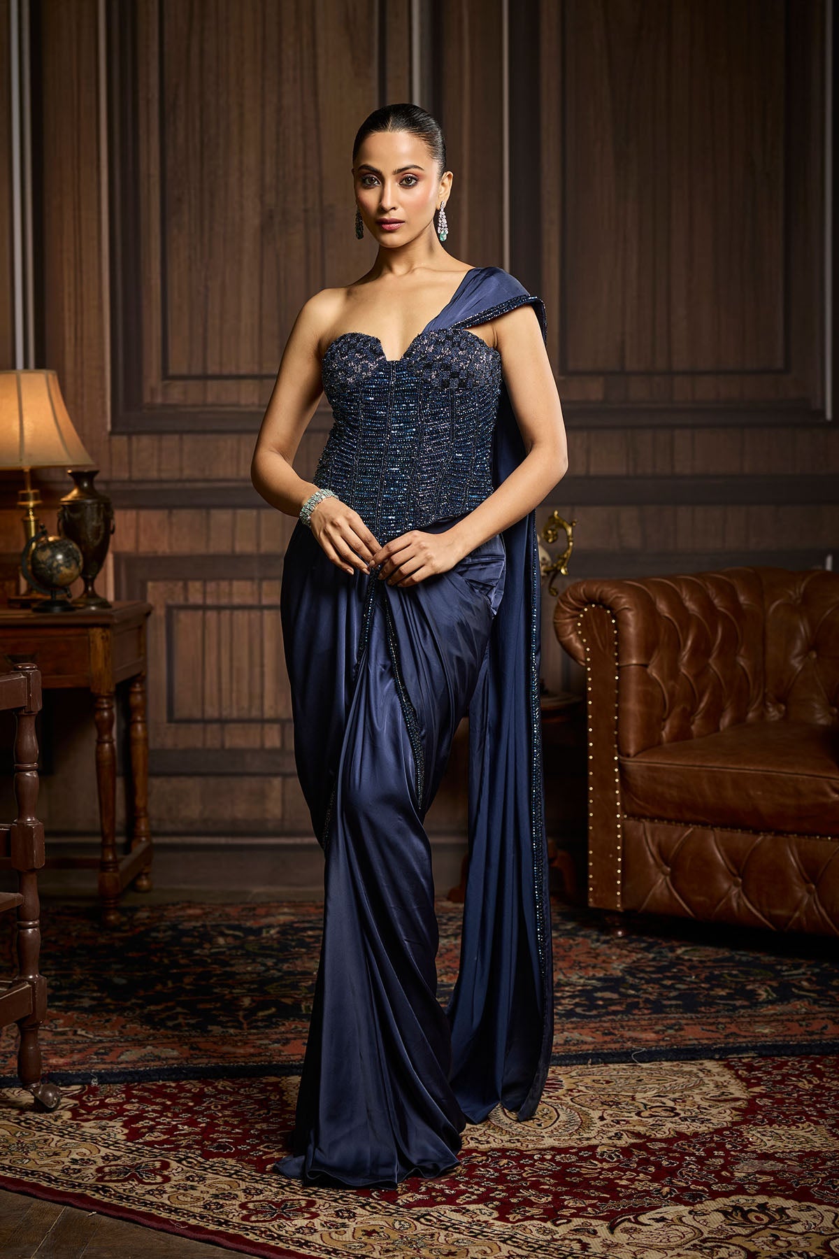 Midnight Blue Embellished Corset And Solid Draped Dhoti Saree Set