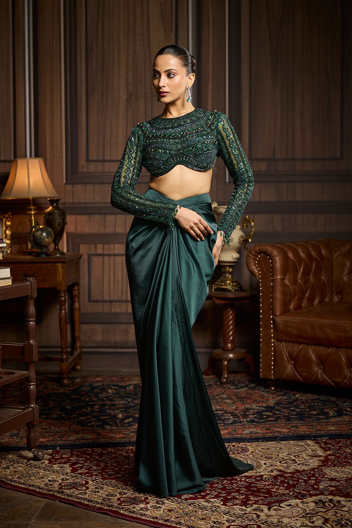 Emerald Green Embroidered Blouse And Draped Skirt Set