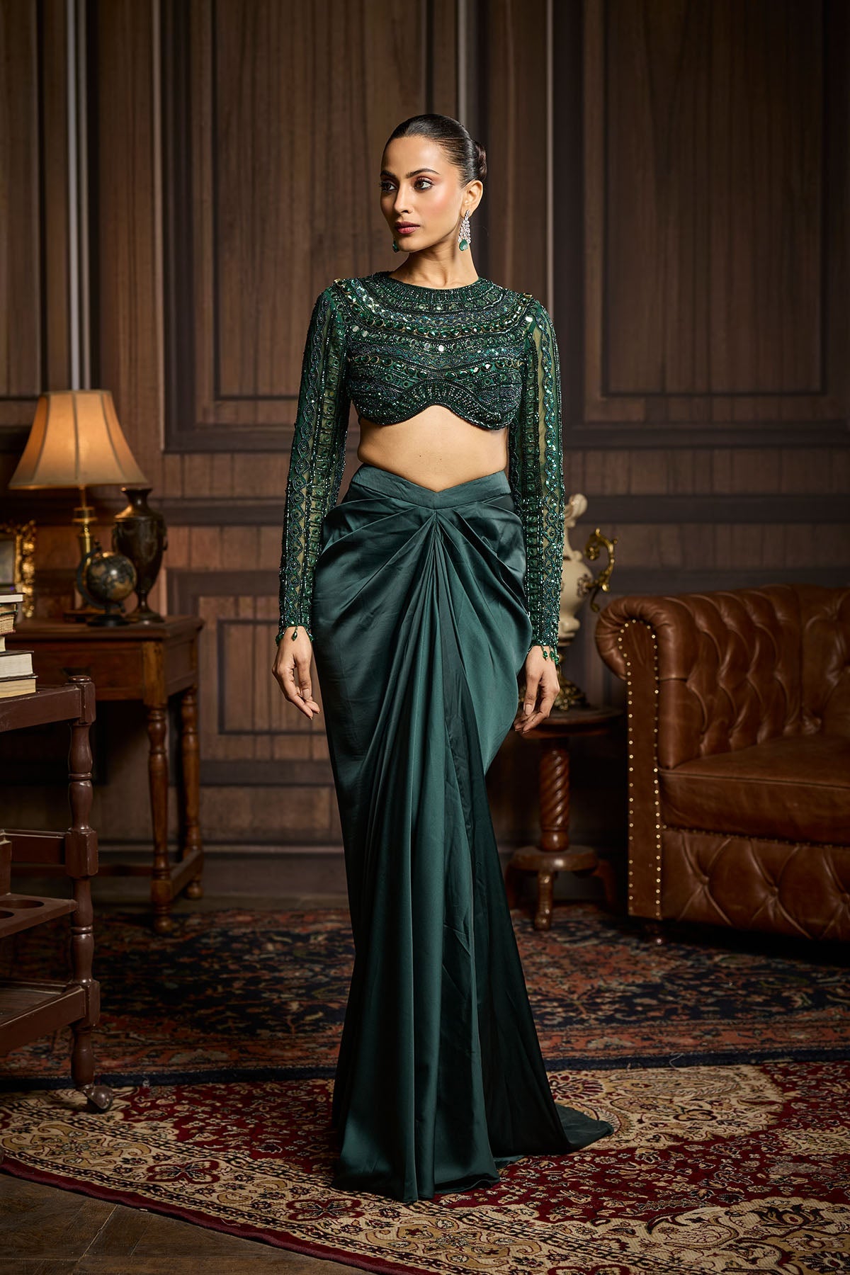Emerald Green Embroidered Blouse And Draped Skirt Set