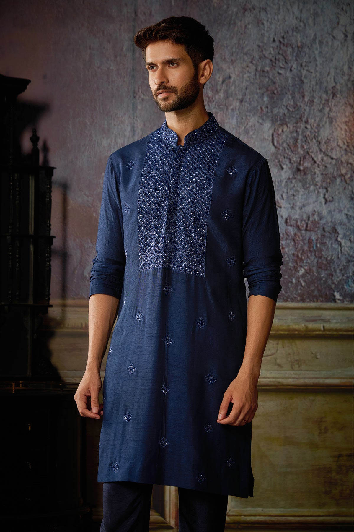 DARK BLUE YOKE & BUTTA EMBROIDERED KURTA WITH DARK BLUE PANTS