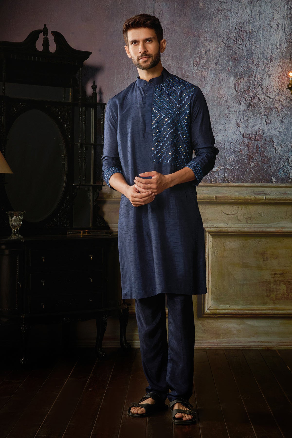 DARK BLUE THREAD & MIRROR EMBROIDERED KURTA WITH DARK BLUE PANTS